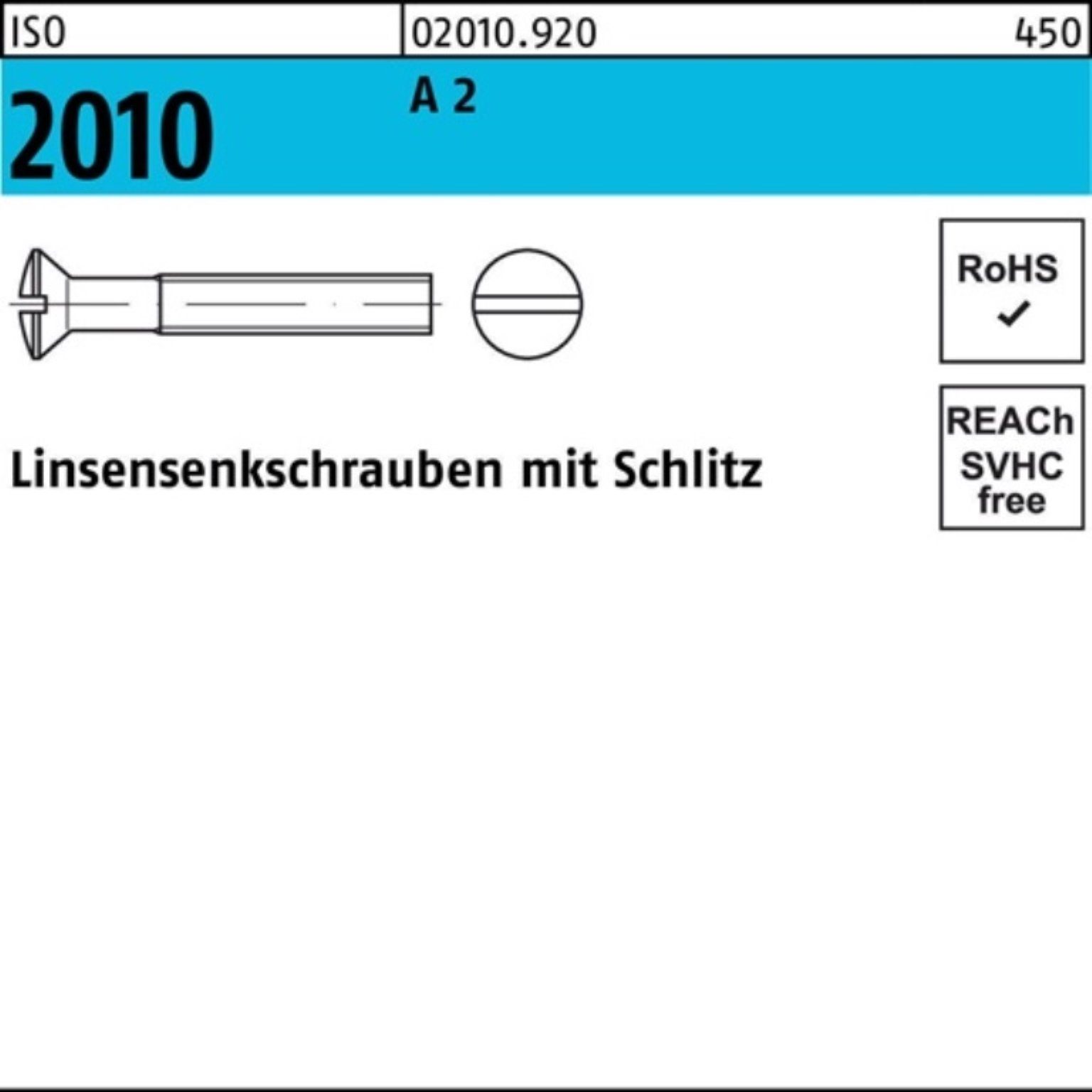 Reyher 100er A 16 Pack Schlitz Stück 2 M8x I 100 Linsensenkschraube Linsenschraube ISO 2010