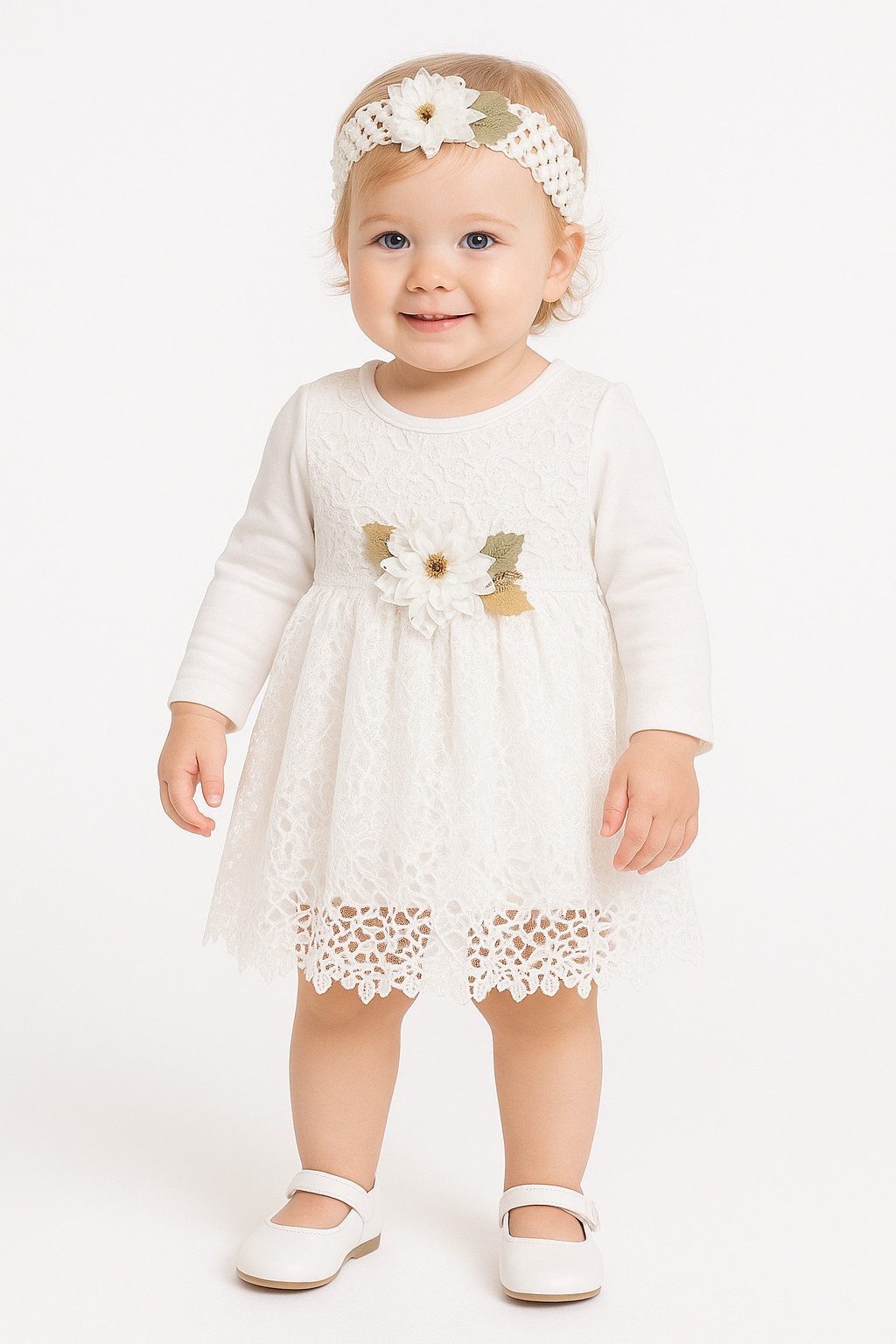 Lorey Medtec Taufkleid Festliches Baby-Kleid mit Spitze & Stirnband – 100 % Baumwolle, Weiß (Kleid + Stirnband) Spitze