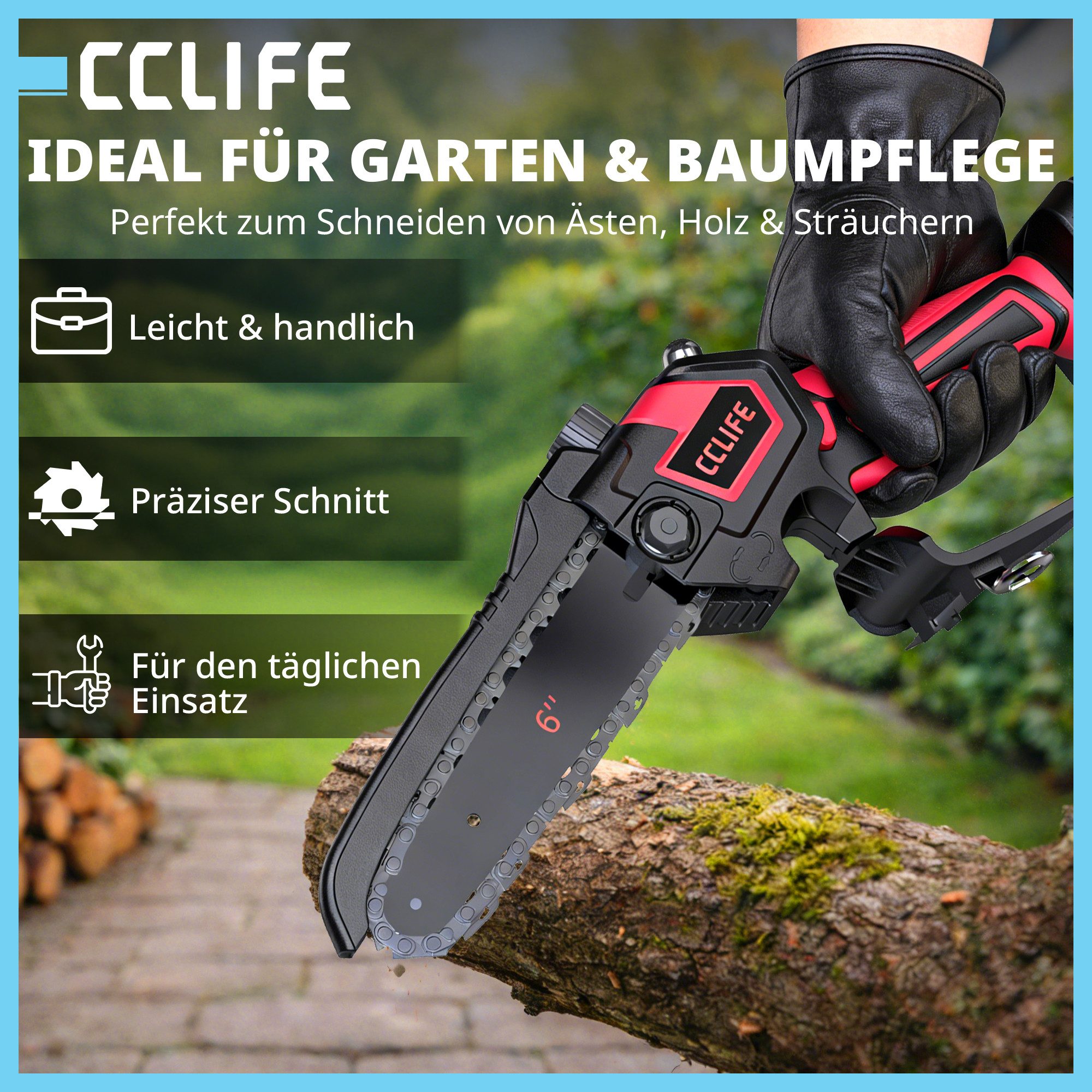CCLIFE Akku-Kettensäge CCLIFE Mini Akku Kettensaege 6 Zoll 18V Werkzeuglose Kettenspannung