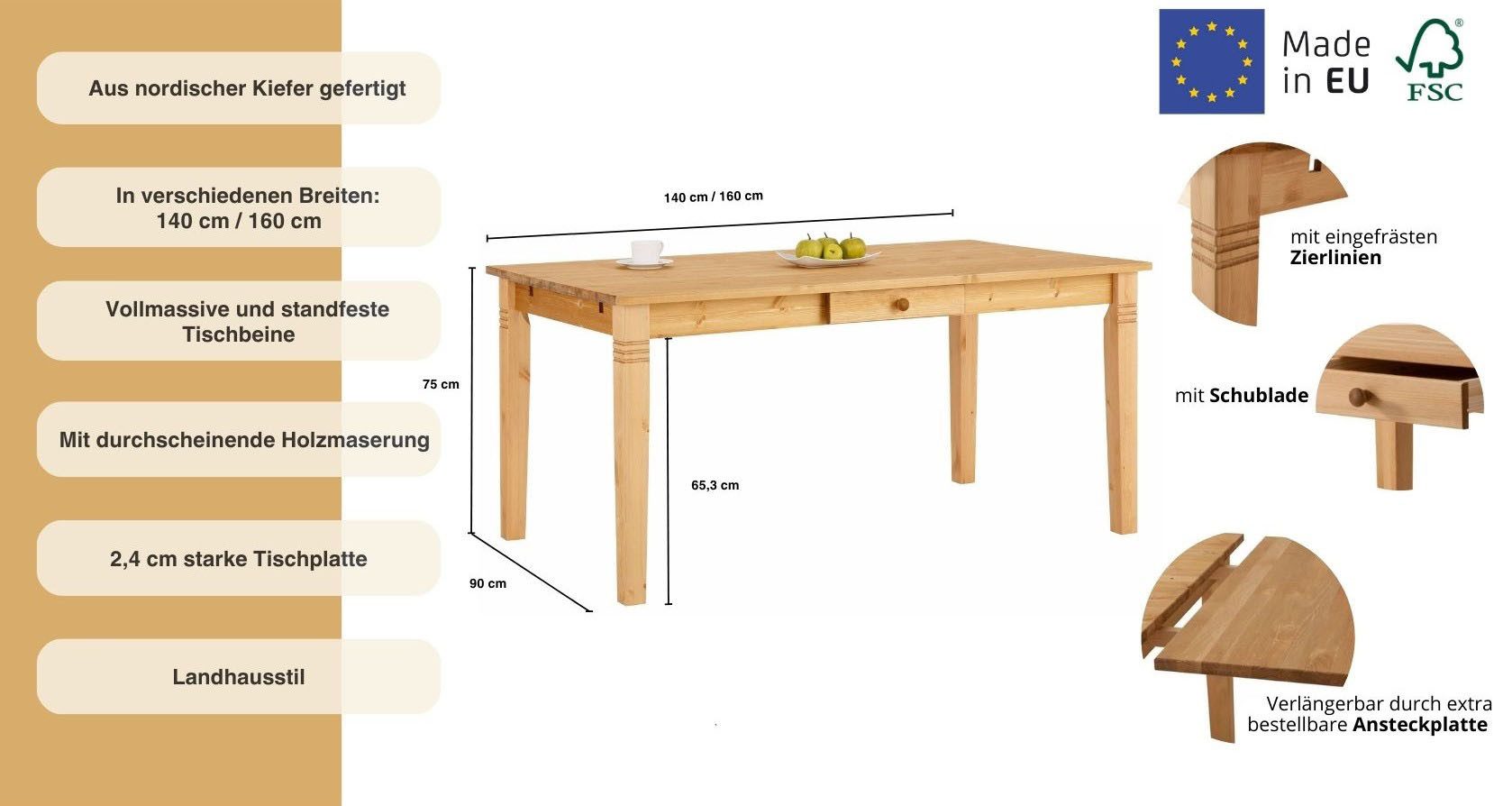 OTTO home Esstisch Danuta, Tisch, Speisetisch, wahlweise mit Schublade, aus massiver Kiefer, FSC®-zertifiziert