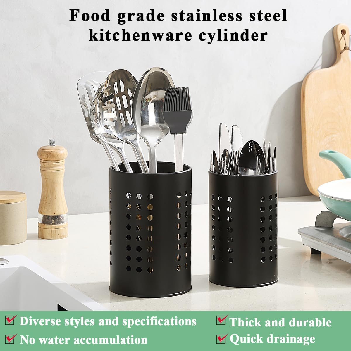 FELIXLEO Besteckhalter Küchenutensilienhalter Schwarz Edelstahl Besteckhalter, (2-tlg) – Bild 3 von 5