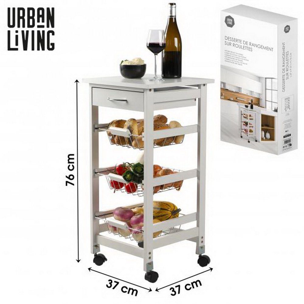 Urban Living Küchenwagen Ablageagen 37 x 37 x 76 cm Rollwagen Küche, 1 Tisch - 1 Schublade - 3x Korb - mit 4 Rädern Weiß