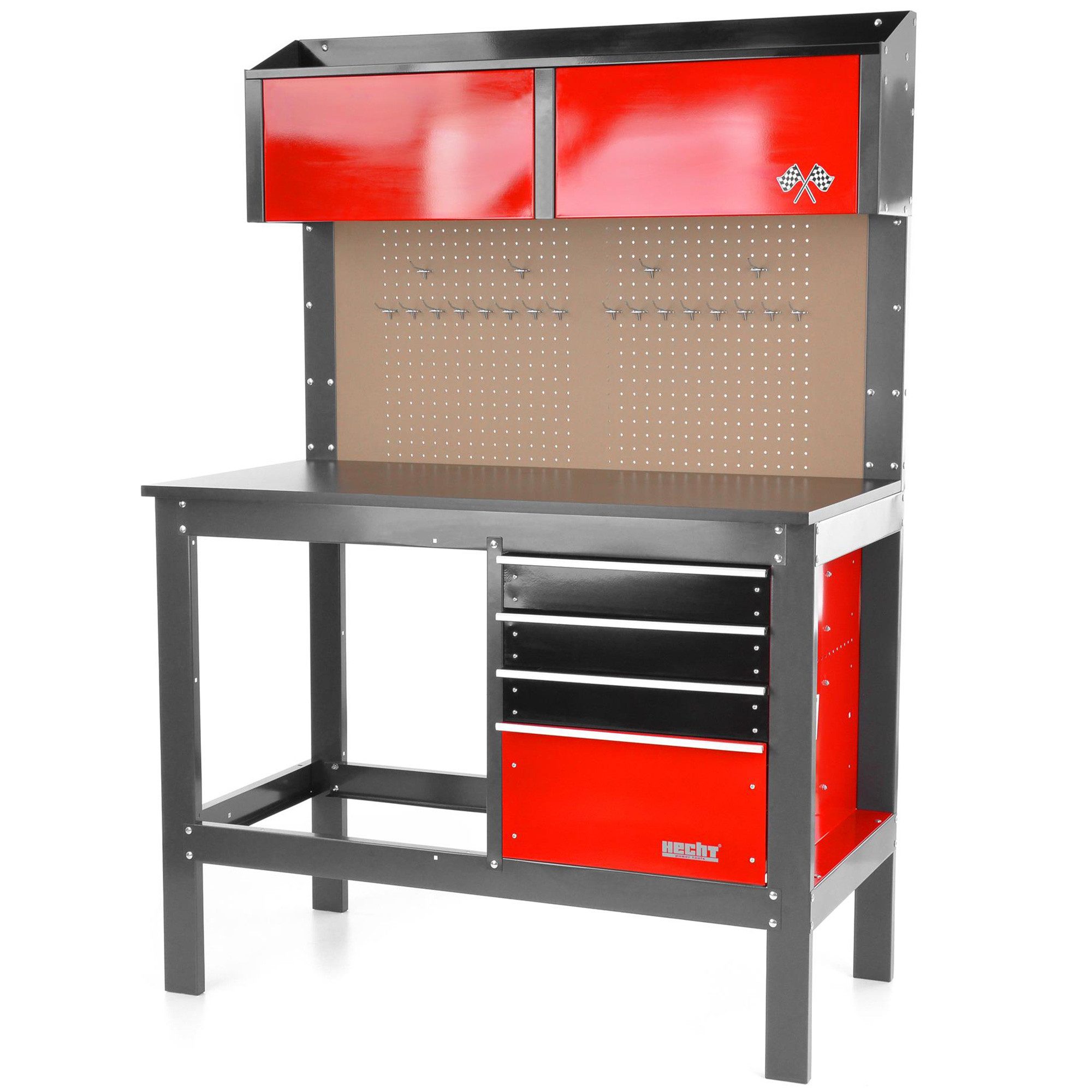 Hecht Werkbank 2091 mit Lochwand, 4 Schubladen & Ablagefach, 450 kg Tragkraft, Stahl, Werkstatttisch