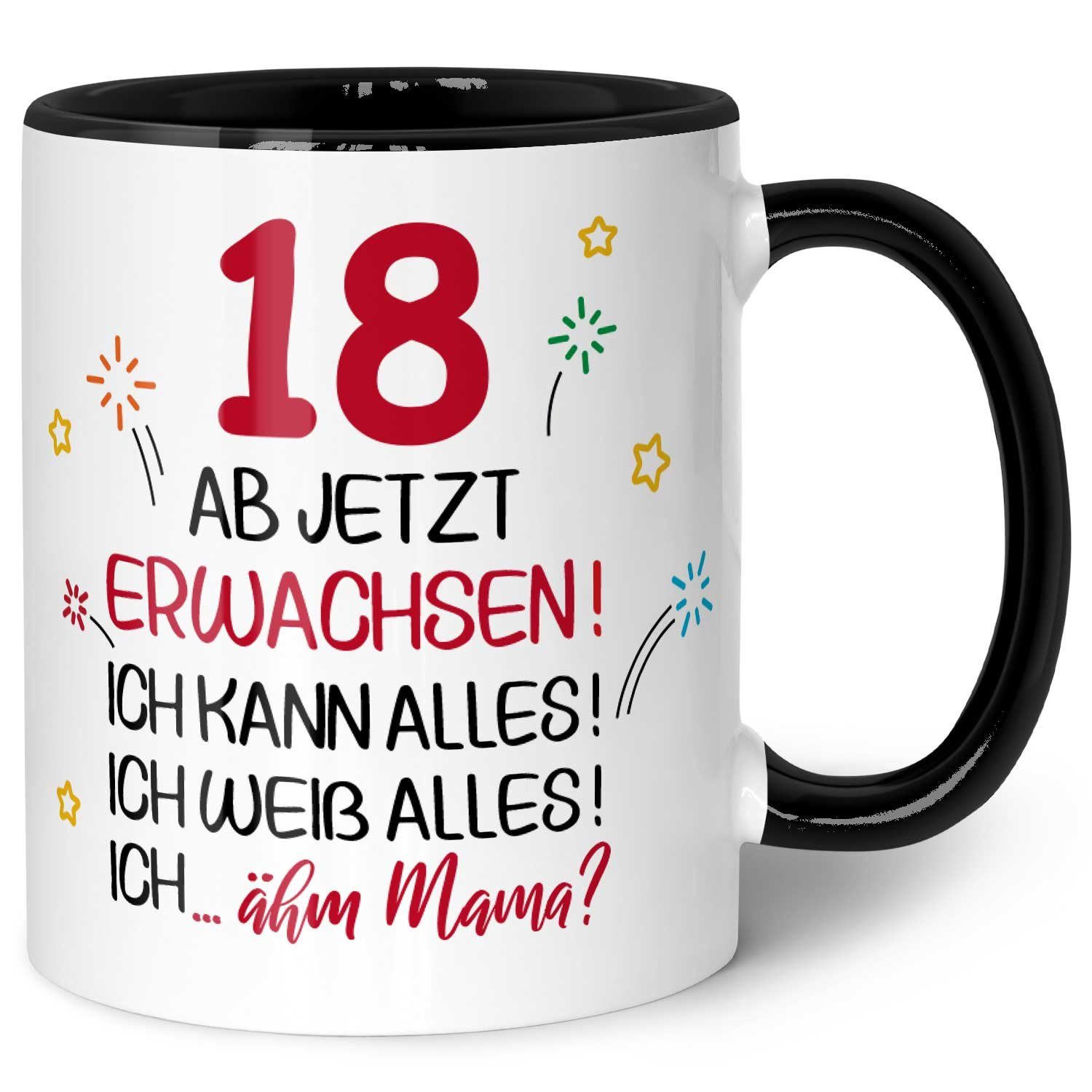 GRAVURZEILE Tasse mit Spruch - 18 ab jetzt erwachsen - Geschenk für Mädchen & Jungen, zum 18. Geburtstag - Geburtstagsgeschenk - Schwarz & Weiß