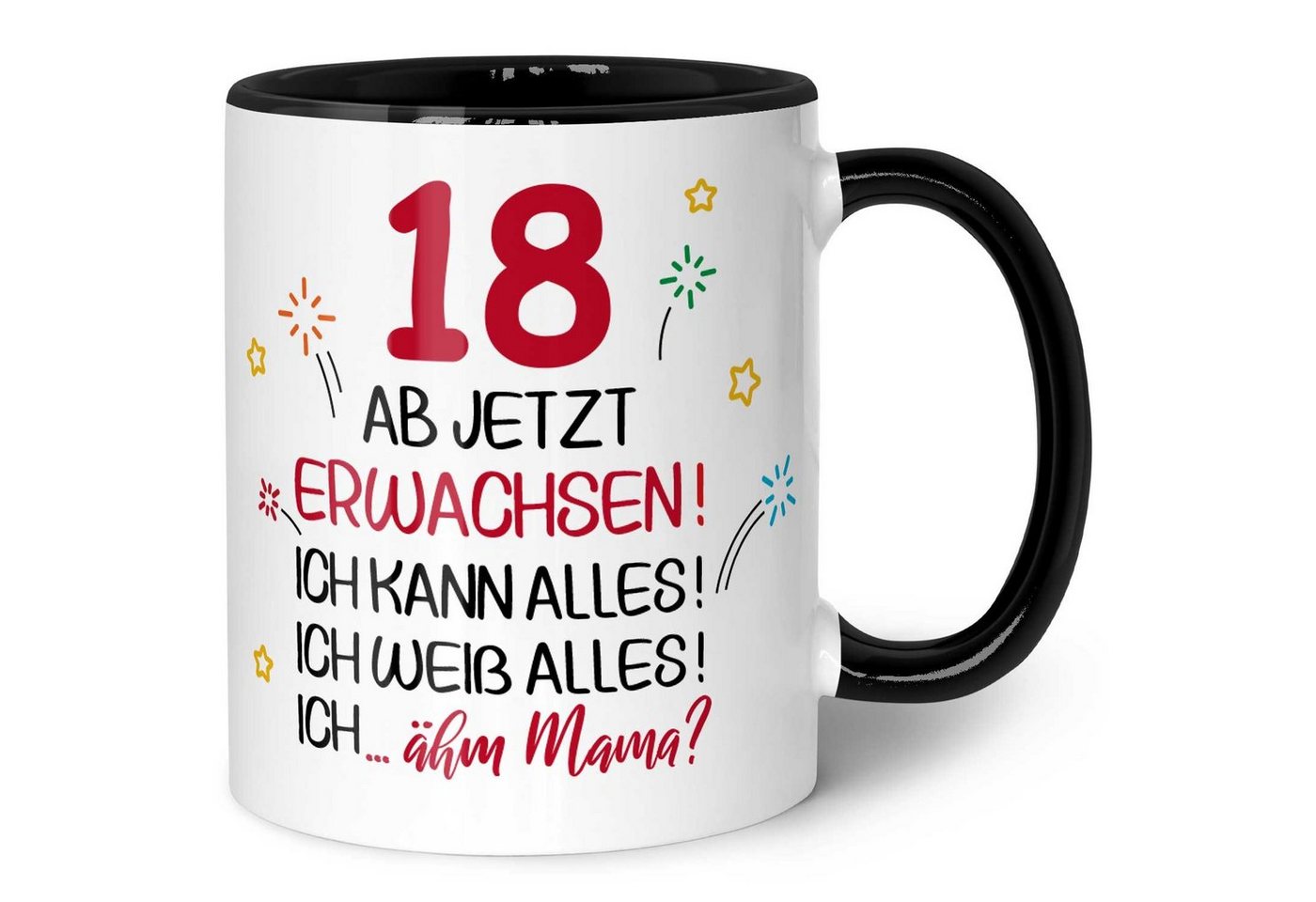 GRAVURZEILE Tasse mit Spruch - 18 ab jetzt erwachsen - Geschenk für Mädchen & Jungen, zum 18. Geburtstag - Geburtstagsgeschenk - Schwarz & Weiß