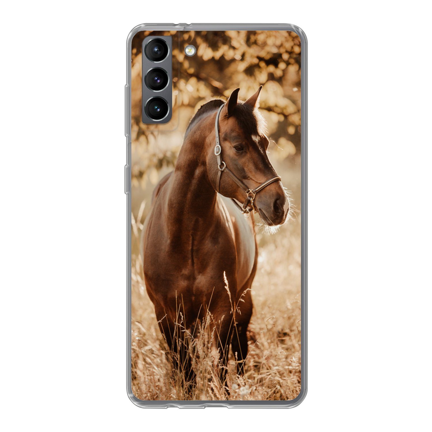 MuchoWow Handyhülle für Samsung Galaxy S21 Plus Pferd - Sonne - Porträt - Natur - Braun, Phone Case, Silikon, Schutzhülle Dünn