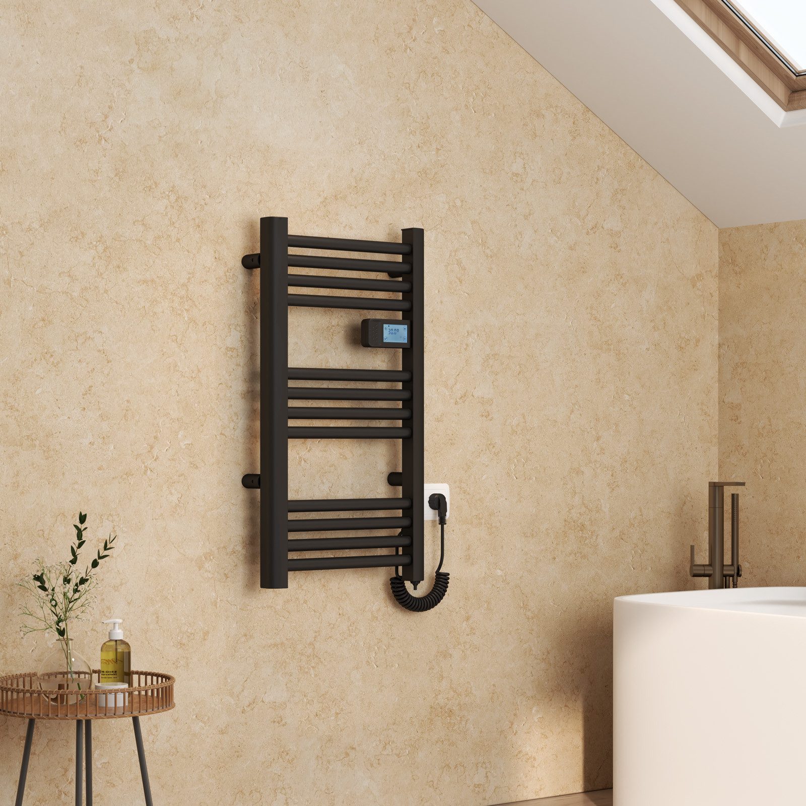 EMKE Elektrischer Badheizkörper 75x40 cm, Handtuchwärmer mit smart Thermostat Weiß Schwarz 180 Watt, LED Display Temperatur-und Zeitanzeige Handtuchtrockner