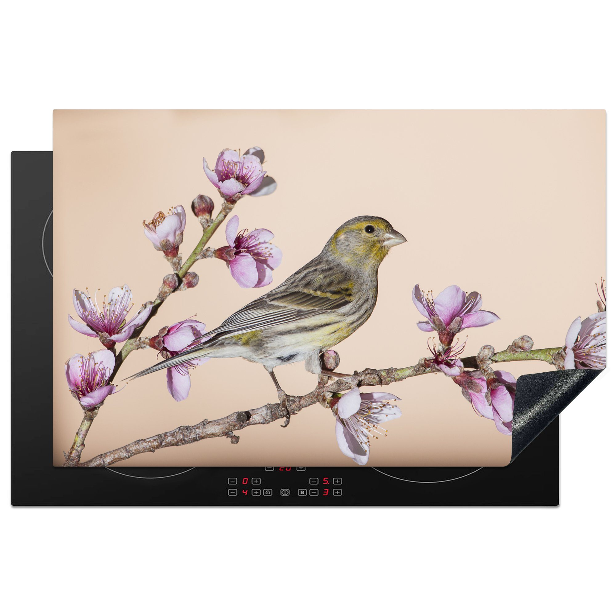 MuchoWow Herdblende-/Abdeckplatte Ein Kanarienvogel zwischen lila Blumen, Vinyl, (1 tlg), 81x52 cm, Induktionskochfeld Schutz für die küche, Ceranfeldabdeckung