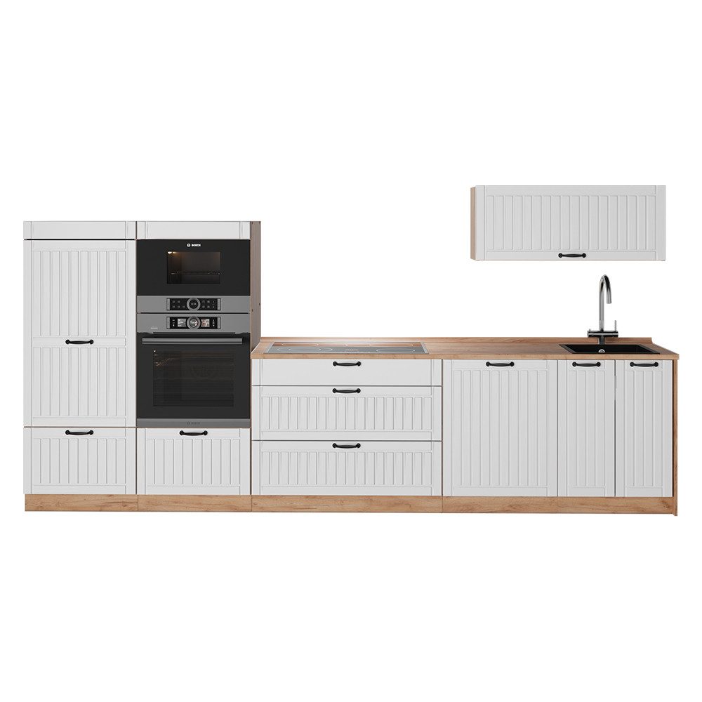 Vicco Küchenzeile Fame-Line, Weiß Landhaus/Goldkraft Eiche, 340 cm ohne Arbeitsplatte