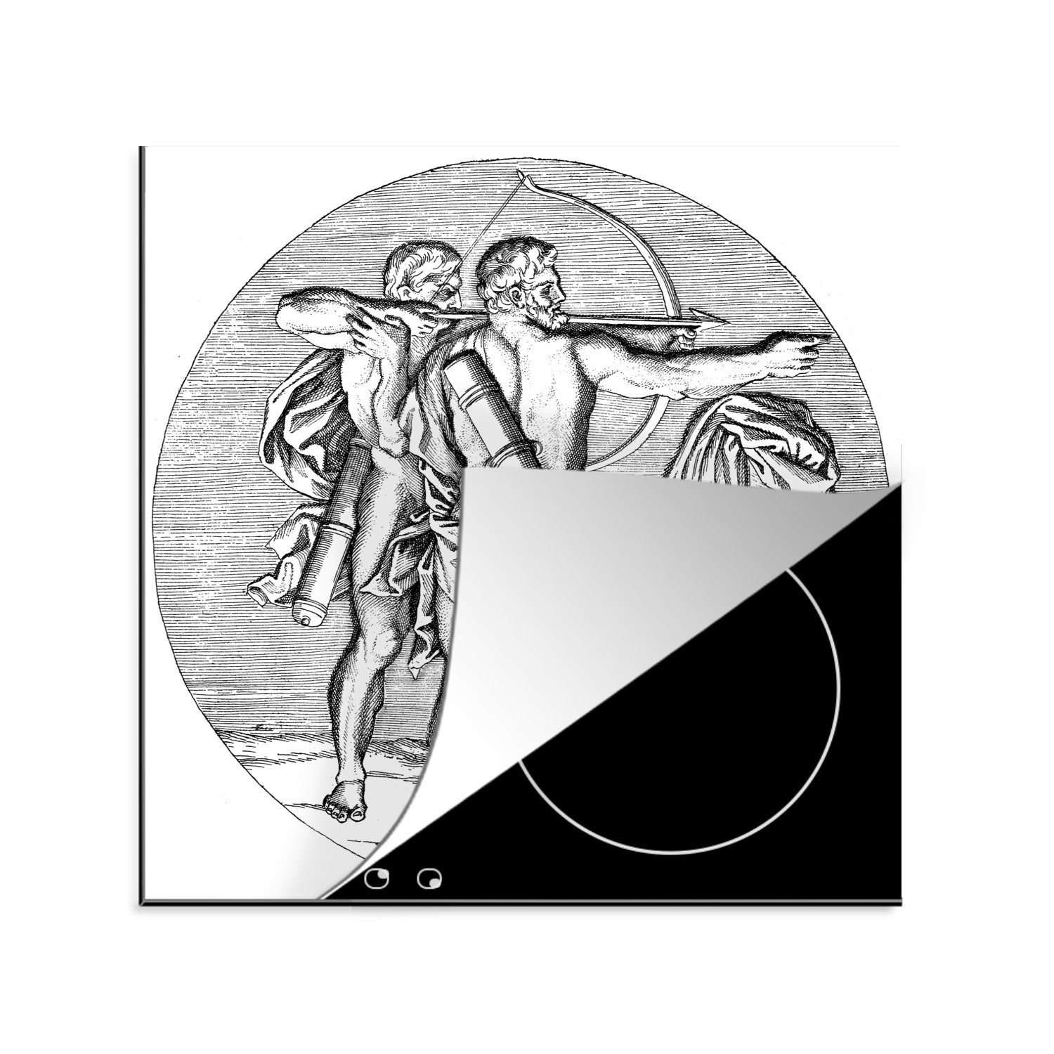 MuchoWow Herdblende-/Abdeckplatte Eine Illustration von Cheiron, der Herakles das Bogenschießen lehrt, Vinyl, (1 tlg), 78x78 cm, Ceranfeldabdeckung, Arbeitsplatte für küche