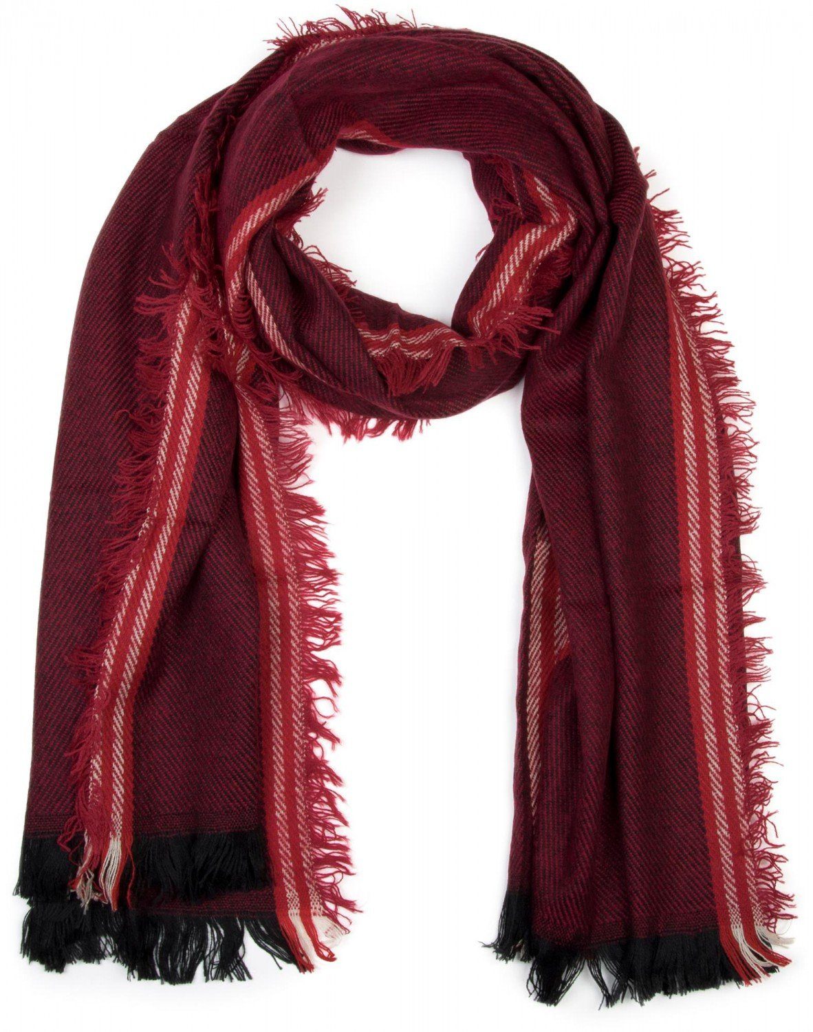 Breiter Schal und Bordeaux-Rot-Schwarz mit Strickschal, (1-St), Streifen Muster styleBREAKER XXL Fransen