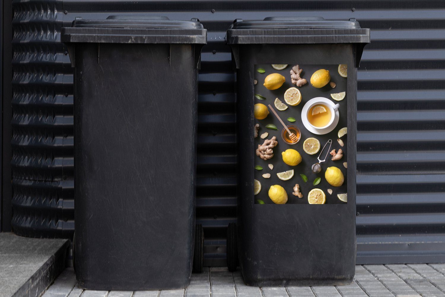MuchoWow (1 Holzhintergrund. Sticker, rustikalem Mülltonne, auf Tasse St), Abfalbehälter Wandsticker Eine Mülleimer-aufkleber, Container, Zitronen-Honig-Tee