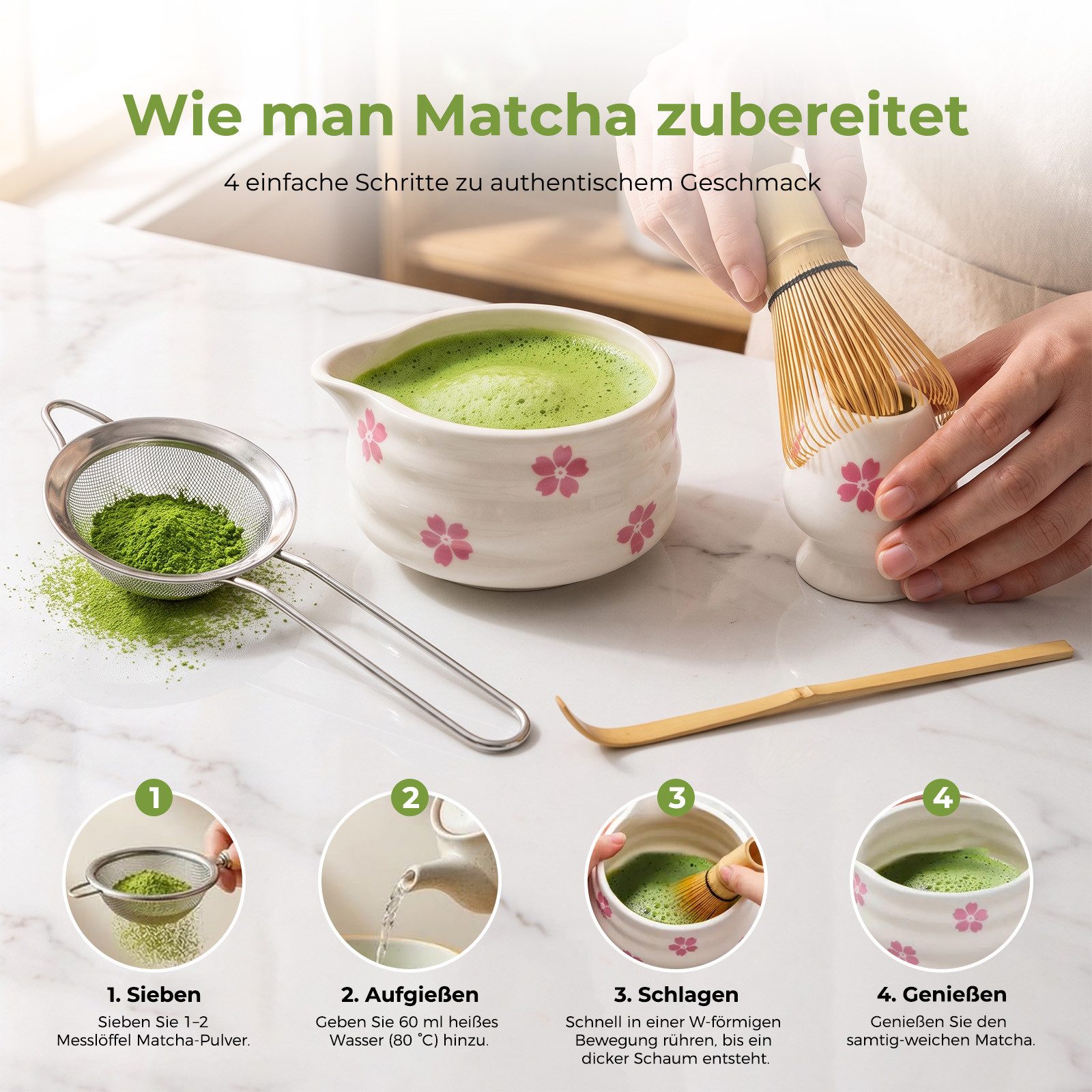 AKKEE Teeservice Matcha Set mit Teeschale, Matchabesen und Besenhalter, 1 Personen, 5 Artikel Matcha-Zubehör aus Keramik