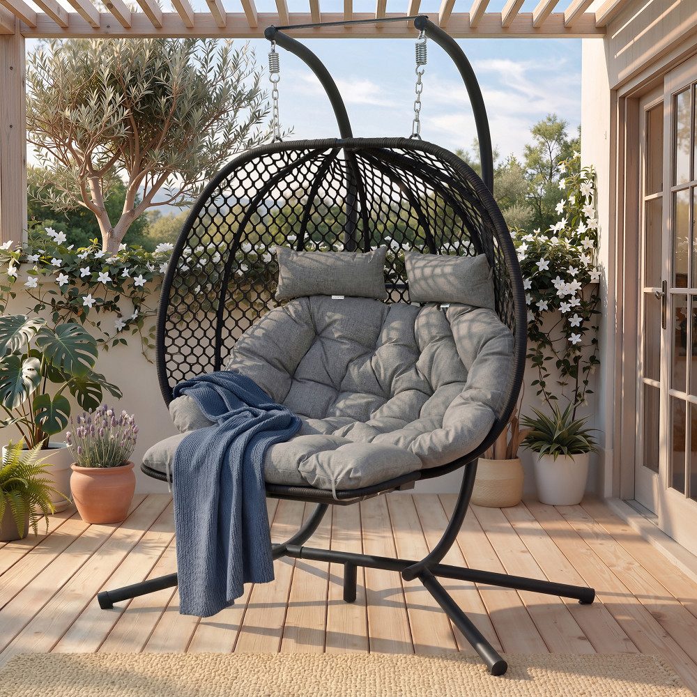 BBWL Schaukelsessel Hängesessel Ei-Form mit Gestell, Doppelsitz, Kissen & Fußstütze, Schaukelstuhl wetterfest Indoor Outdoor
