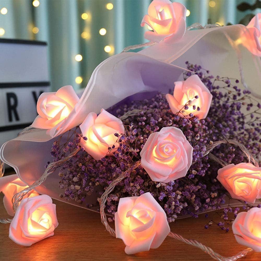 Rosnek LED-Lichterkette 3M, Rose Rosa Party Hochzeit Deko Valentinstag, Schlafzimmer für Blume, batteriebetrieben, Datum