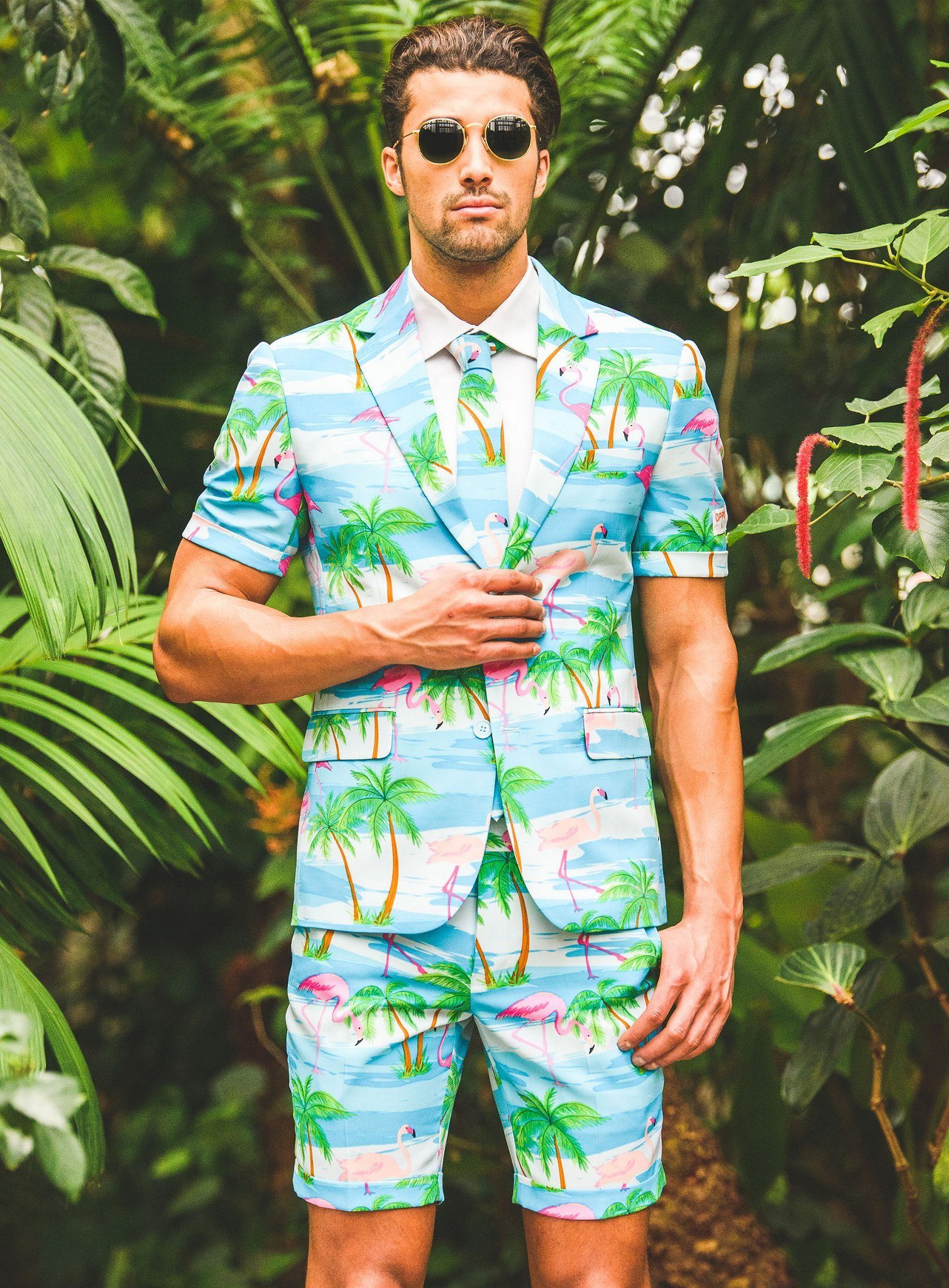 Opposuits Partyanzug Shorts Suit Flaminguy - Sommer Kostüm Anzug, Mit dem karibischen Flaminguy Anzug den Sommer genießen!