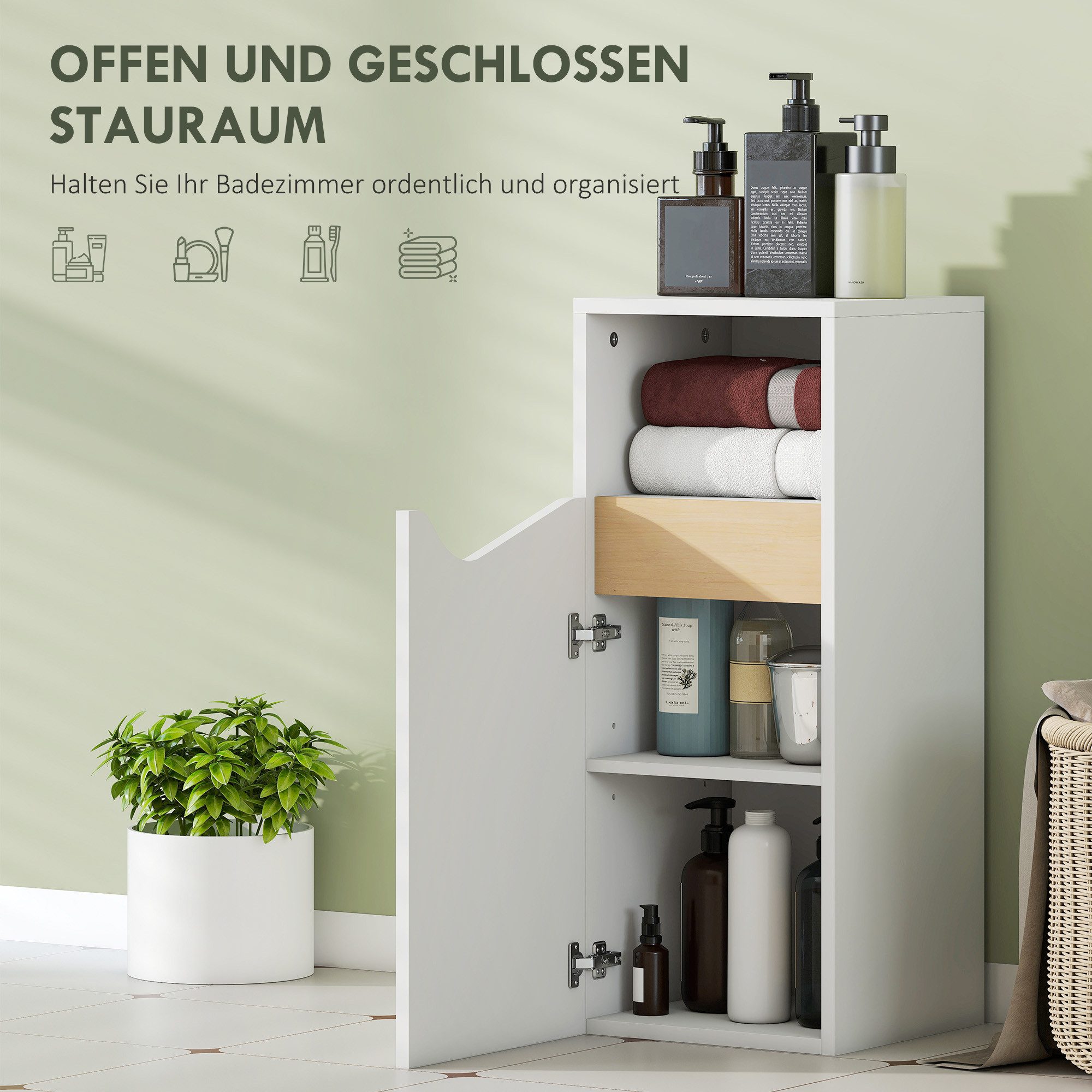 HOMCOM Badkommode Badschrank mit offenem Fach Badezimmer 30x30x71,5cm Weiß (Toilettenschrank, 1 St., 1 Badezimmerschrank), Schmal, Soft-Close-Tür, verstellbare  – Bild 4 von 5