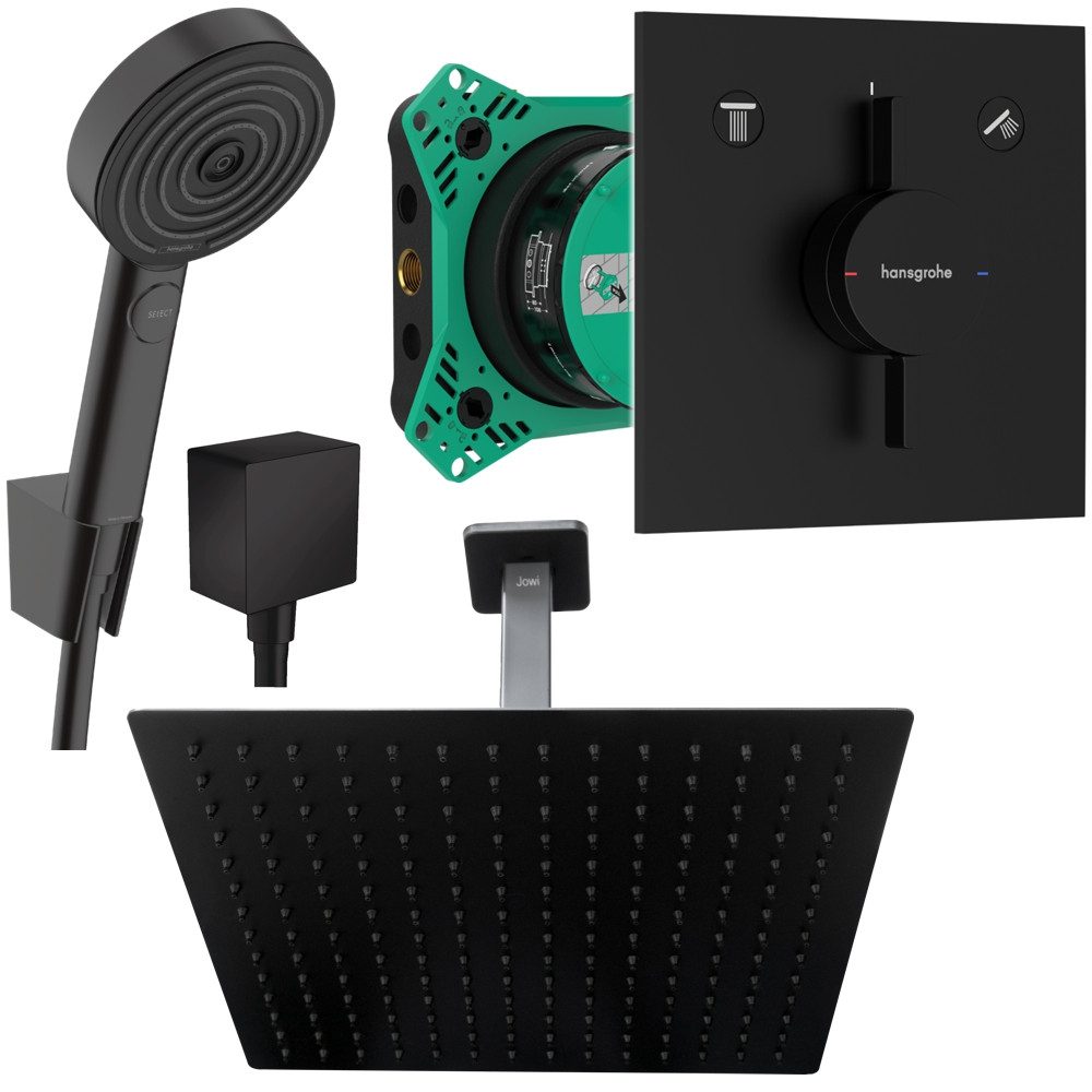 Hansgrohe und Jowi Duscharmatur DuoTurn E Unterputz Duscharmatur, Duschsystem Schwarz, Pulsify (Unterputz-Duschsystem) Deckenanschluss, Handbrause mit Select-Taste