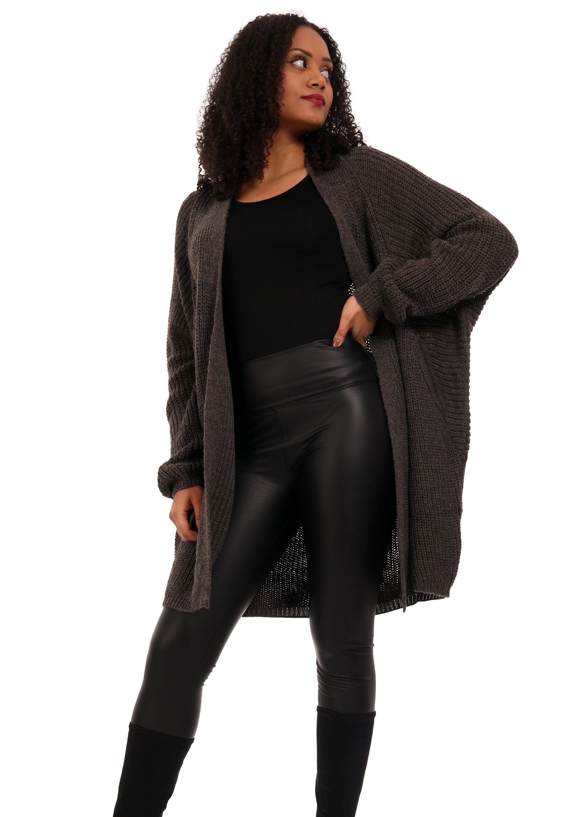 YC Plus Oversize Ärmeln Fashion langen schlamm Size (1-tlg) Cardigan Basic-Form casual, verschlusslos mit Style & Strickjacke Cardigan