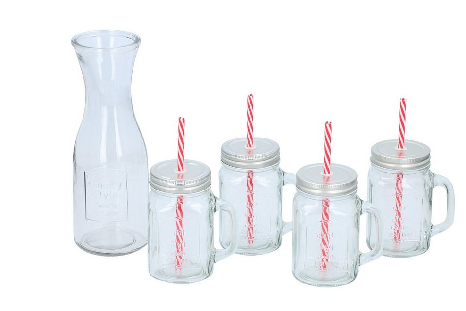 Alpina* Gläser-Set Wasserkaraffe,inkl.4tlg. Trinkglässer m. Henkel, Deckel,  Glas,Metall,Kunststoff