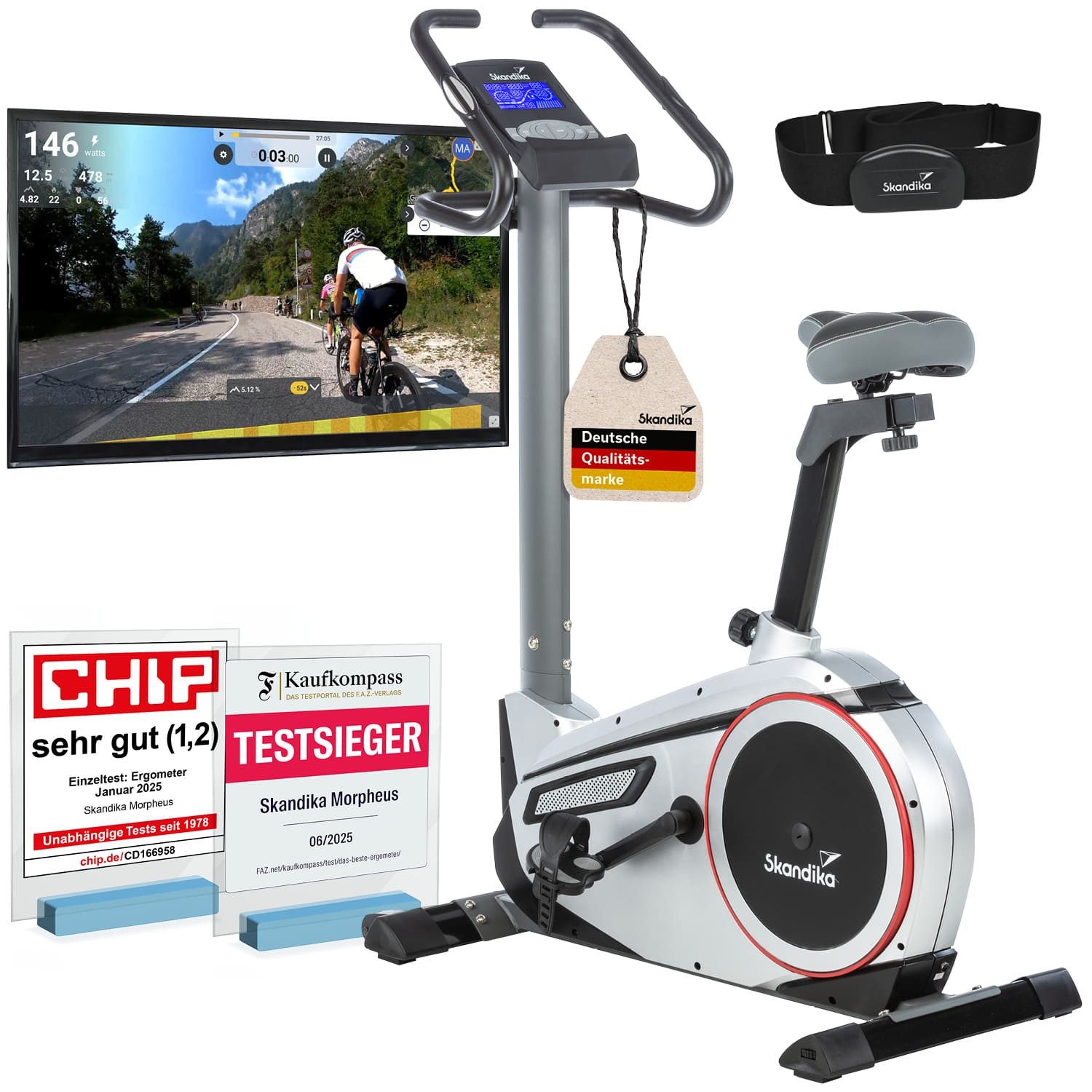 Skandika Heimtrainer Fahrrad Morpheus, Ergometer für Zuhause, Fitnessbike bis 150 kg (Bluetooth, Tablet-/Smartphone-Halterung, Transportrollen), 12kg Schwungmasse, 32 Stufen, 24 Programme, kompatibel mit Kinomap/App