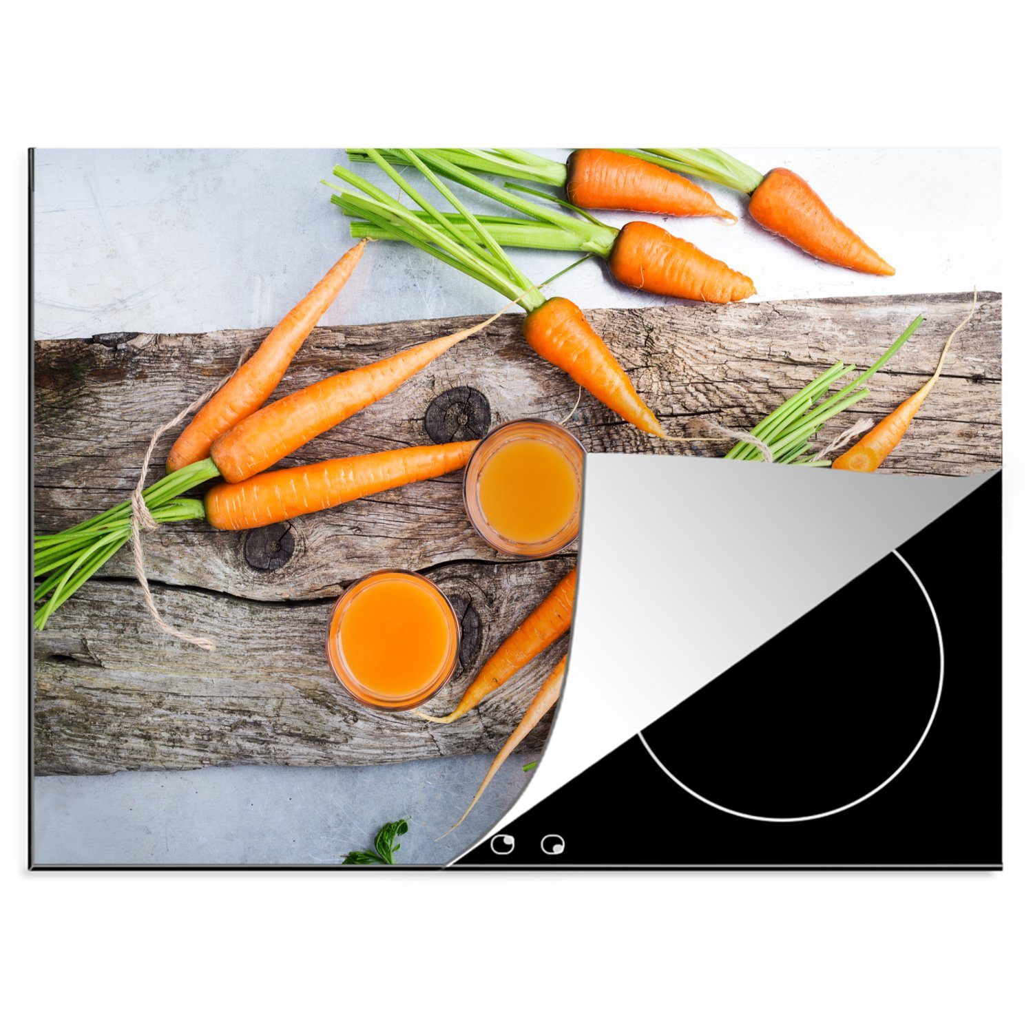 MuchoWow Herdblende-/Abdeckplatte Frischer Karottensaft und rohe Bio-Karotten auf einem rustikalen, Vinyl, (1 tlg), 70x52 cm, Mobile Arbeitsfläche nutzbar, Ceranfeldabdeckung