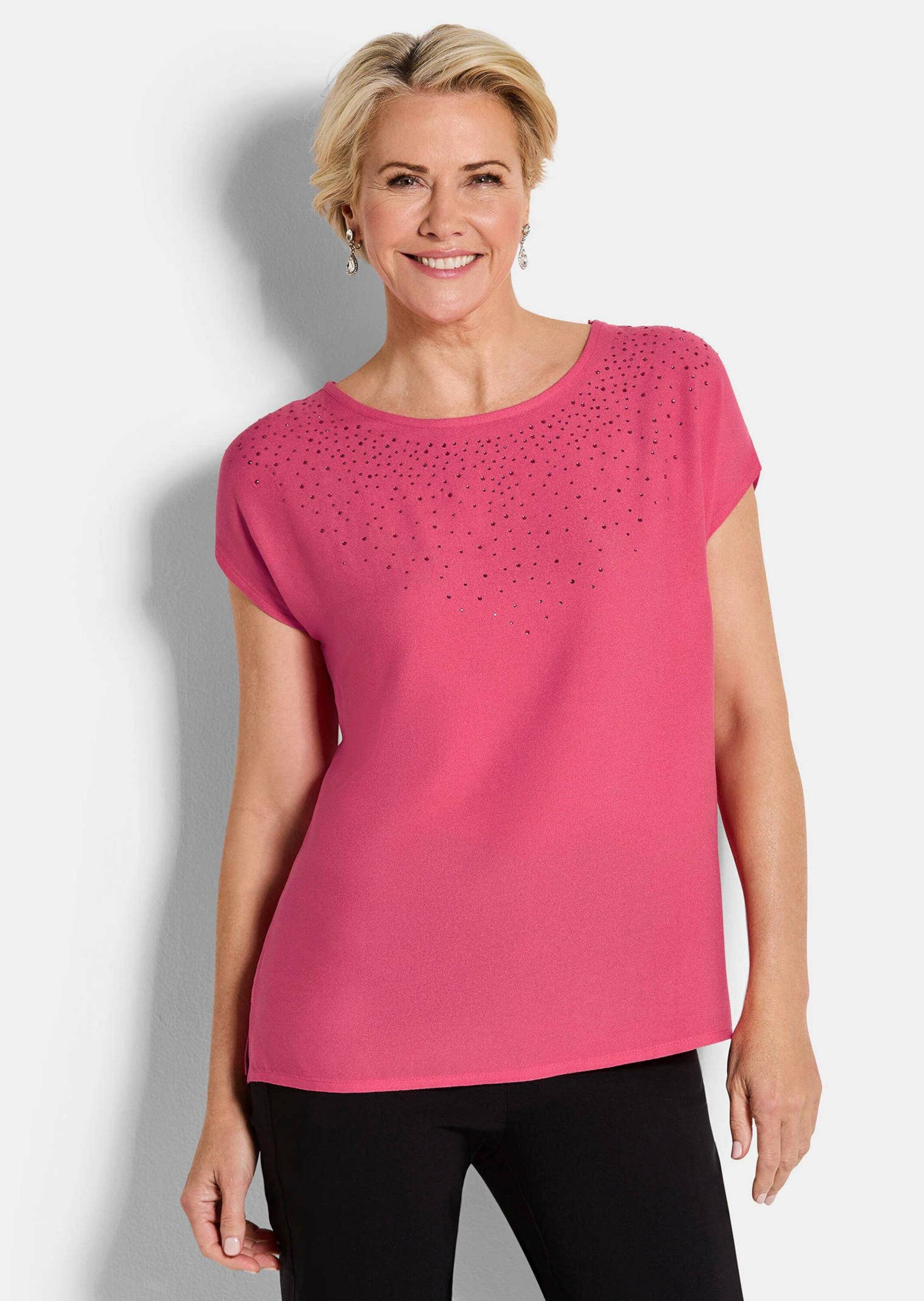 GOLDNER Schlupfbluse Elegante Viskosebluse mit Glitzer Glitzerbluse mit U-Boot-Ausschnitt und überschnittenen Schultern