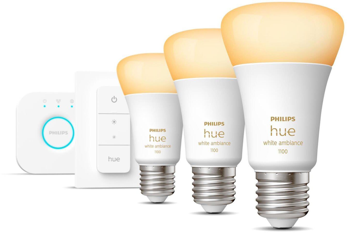 Philips Hue LED-Leuchtmittel White Amb.E27 3er Starter Set inkl DS 3x800lm 75W!, E27, 5 St., Warmweiß, CCT-Farbtemperatursteuerung - warmweiß bis tageslichtweiß
