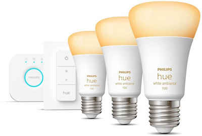 Philips Hue White Amb.E27 3er Starter Set inkl DS 3x800lm 75W! LED-Leuchtmittel, E27, 5 St., Warmweiß, CCT-Farbtemperatursteuerung - warmweiß bis tageslichtweiß