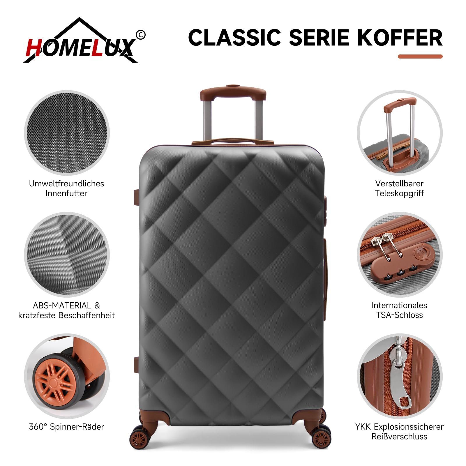 HOMELUX Trolleyset Kofferset 3 ABS, Rollen, Teilig tlg., - (set, Grau Trolley 3), Rollkoffer 3 Set Hartschalenkoffer M-L-XL Hartschale Reisekoffer 4