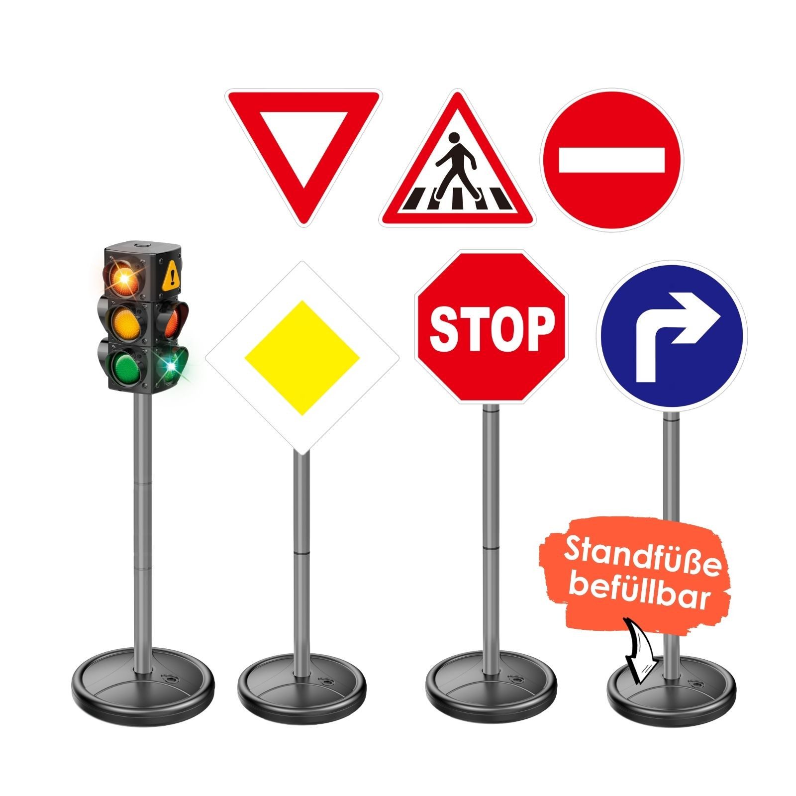 alldoro Spiel-Verkehrszeichen XL Verkehrsset für Kinder mit Verkehrsampel & 6 Straßenschildern, 75-80 cm hoch, Standfüße befüllbar, Verkehrserziehung & Rollenspiele