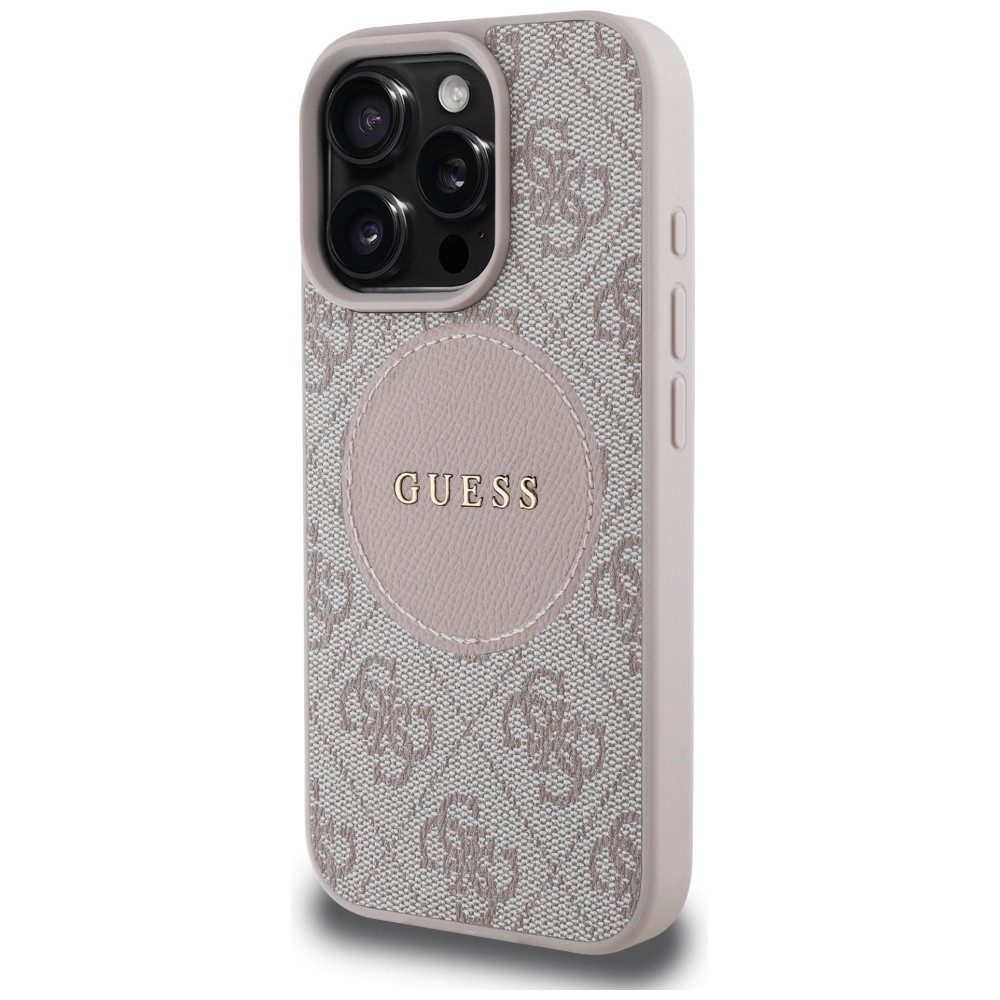 Guess Handyhülle iPhone 16 Pro Kunstleder rosa MagSafe Logo goldfarben 6,3 Zoll, Kantenschutz