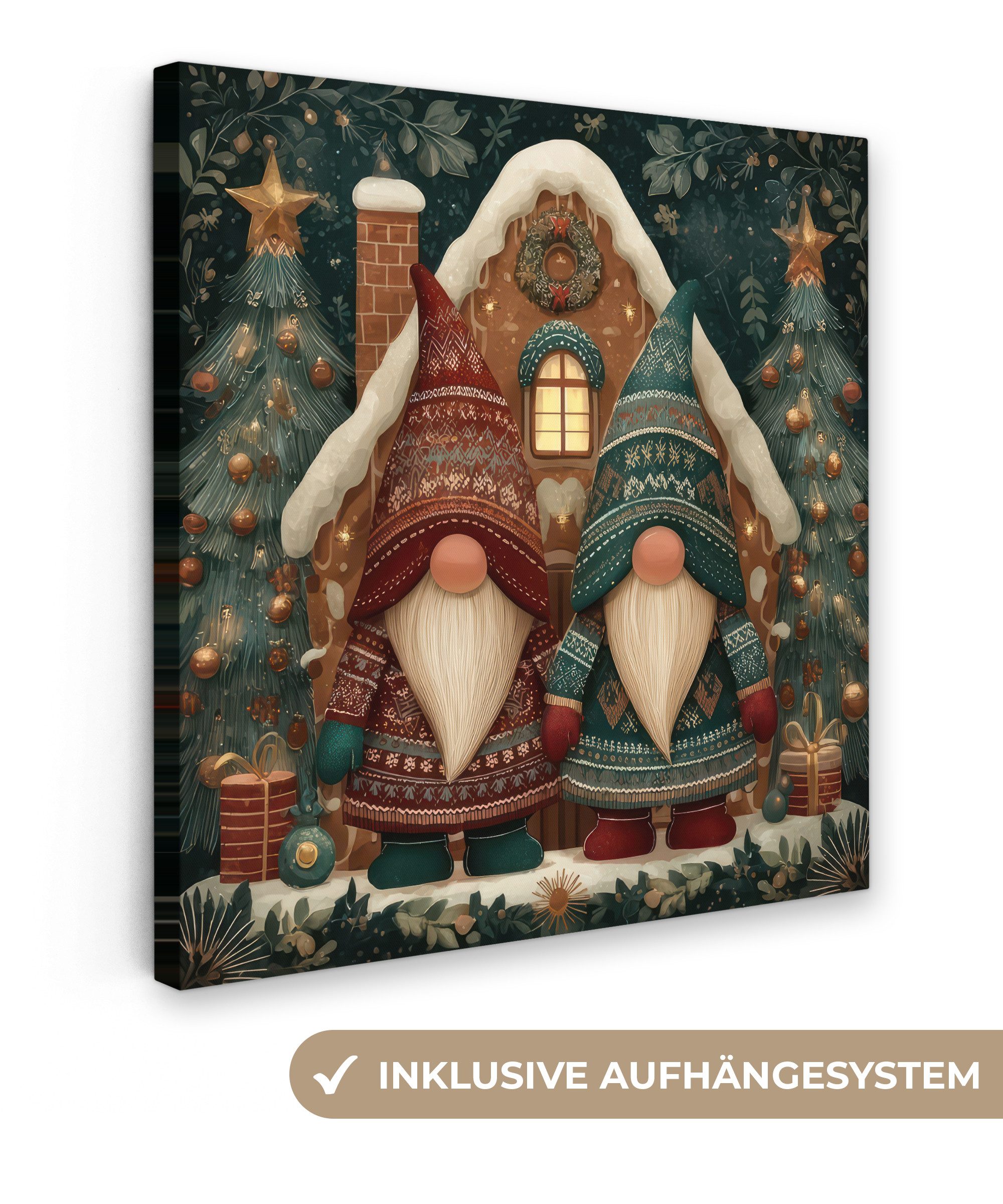 OneMillionCanvasses® Leinwandbild Weihnachten - Wichtel - Lebkuchenhaus - Rot - Grün, Fotodruck (1 St), Wandbild, Deko Schlafzimmer Wohnzimmer Flur 20x20 cm