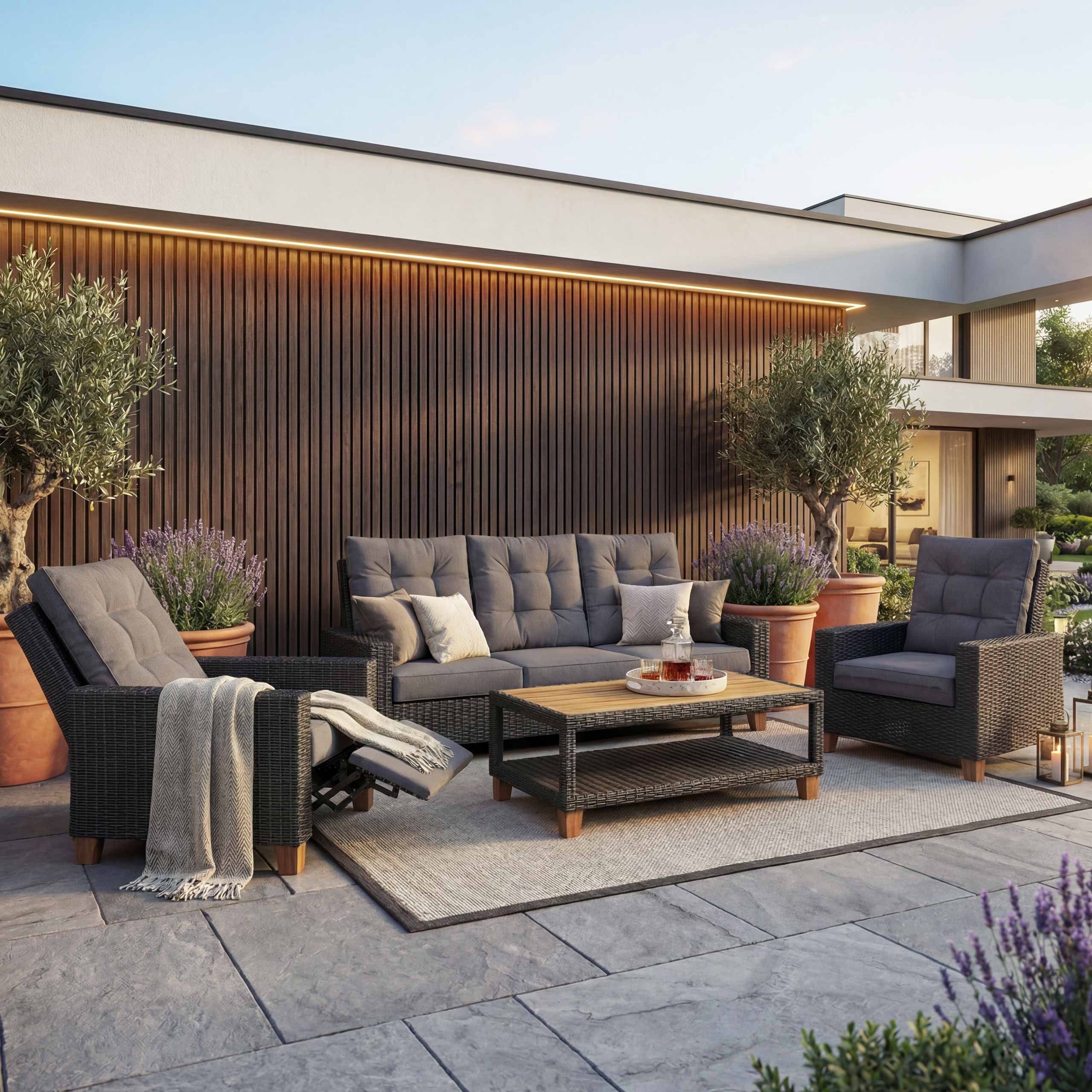 MCW Polstergarnitur MCW-G28, (4-tlg), Rückenlehne verstellbar, 3-Sitzer Bank, Wasserabweisende Bezüge