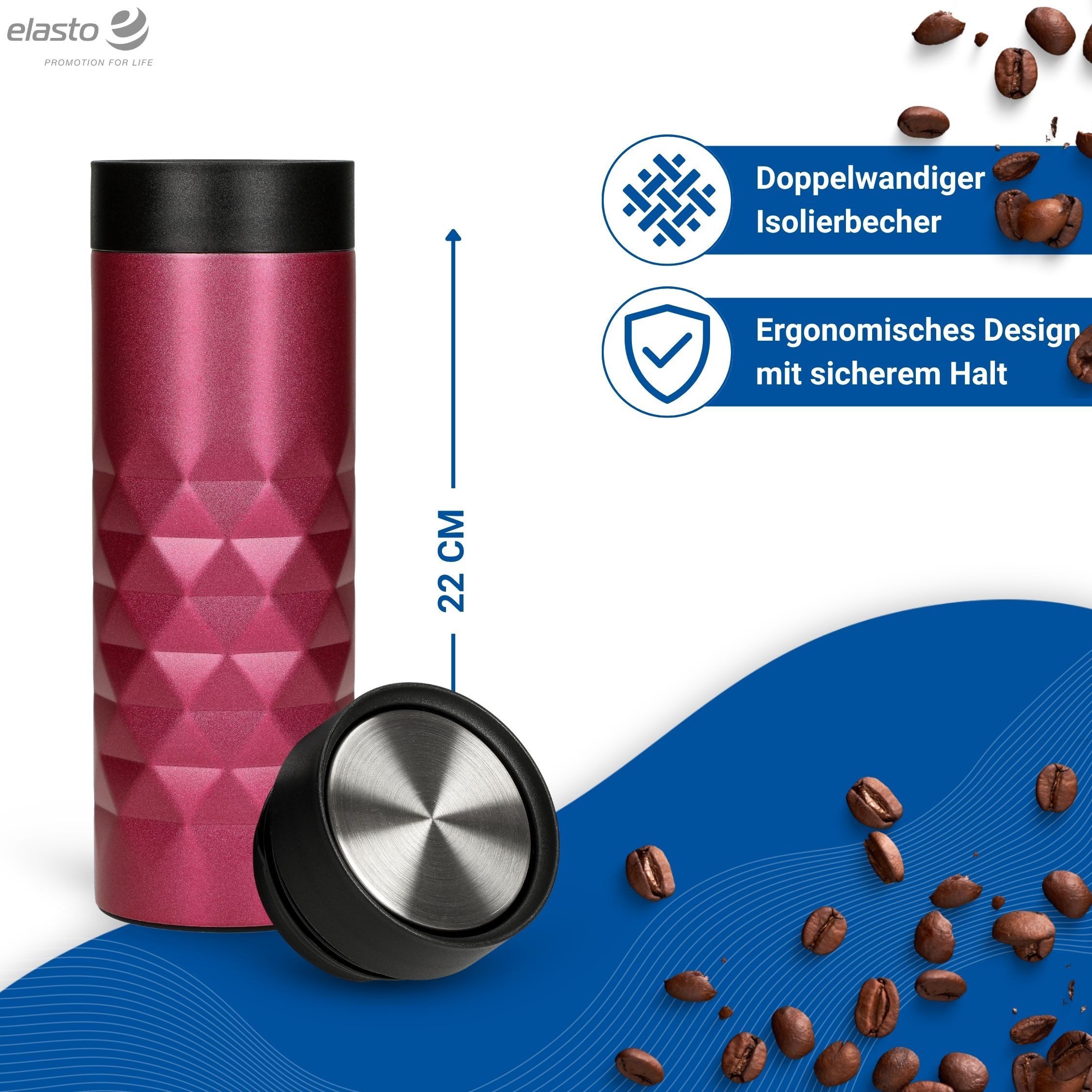 elasto Coffee-to-go-Becher Diamond 360 auslaufsicherer Thermobecher 450 ml, Kaffeebecher to go, Doppelwand, Leicht, Robust, 360 Grad Deckel – Bild 3 von 5