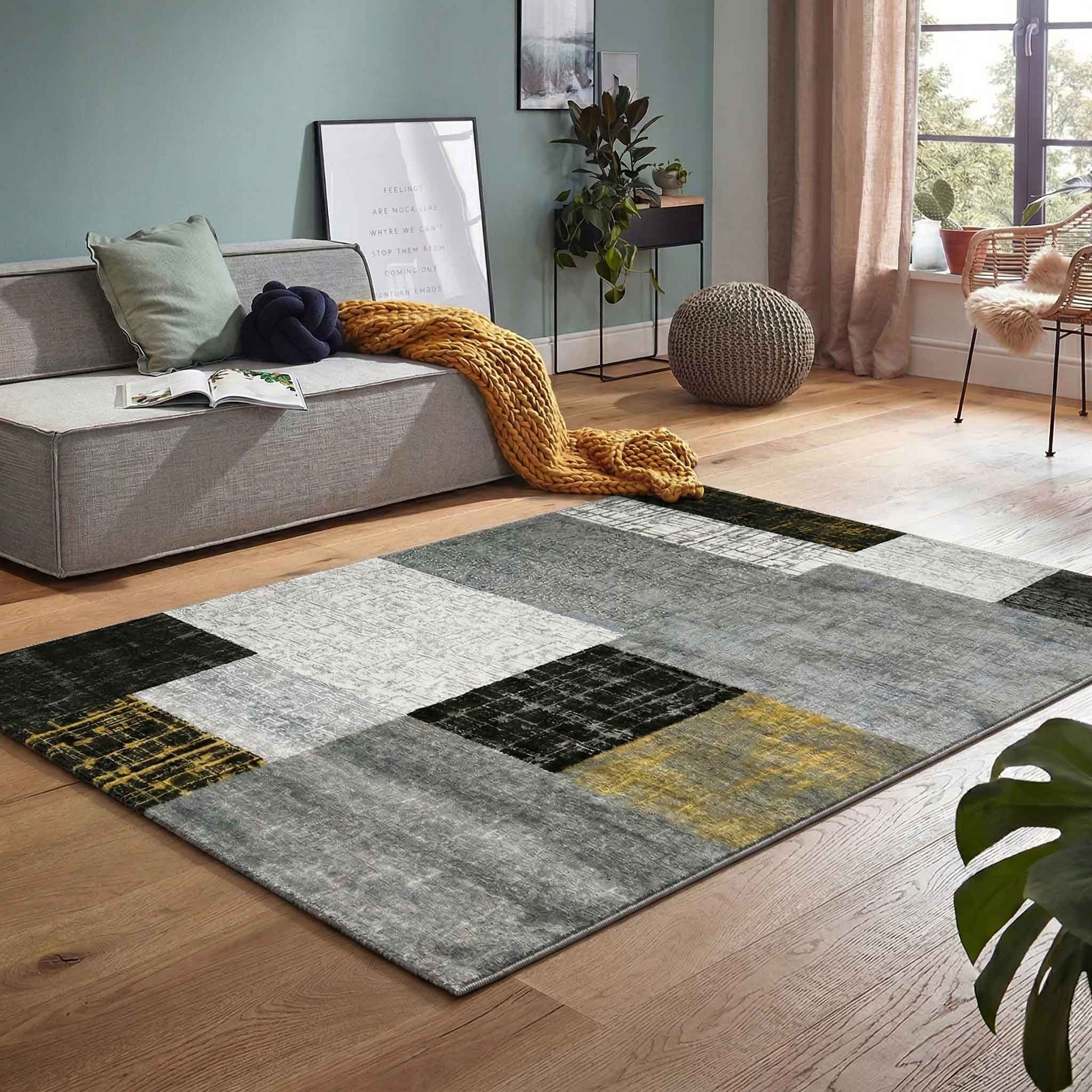 Vimoda Teppich Wohnzimmer Klassisch Karo- kariert Design, Rechteckig, Höhe: 5 mm, Läufer Kachel Optik in Türkis Grau Gelb & Lila Teppich Schlafzimmer