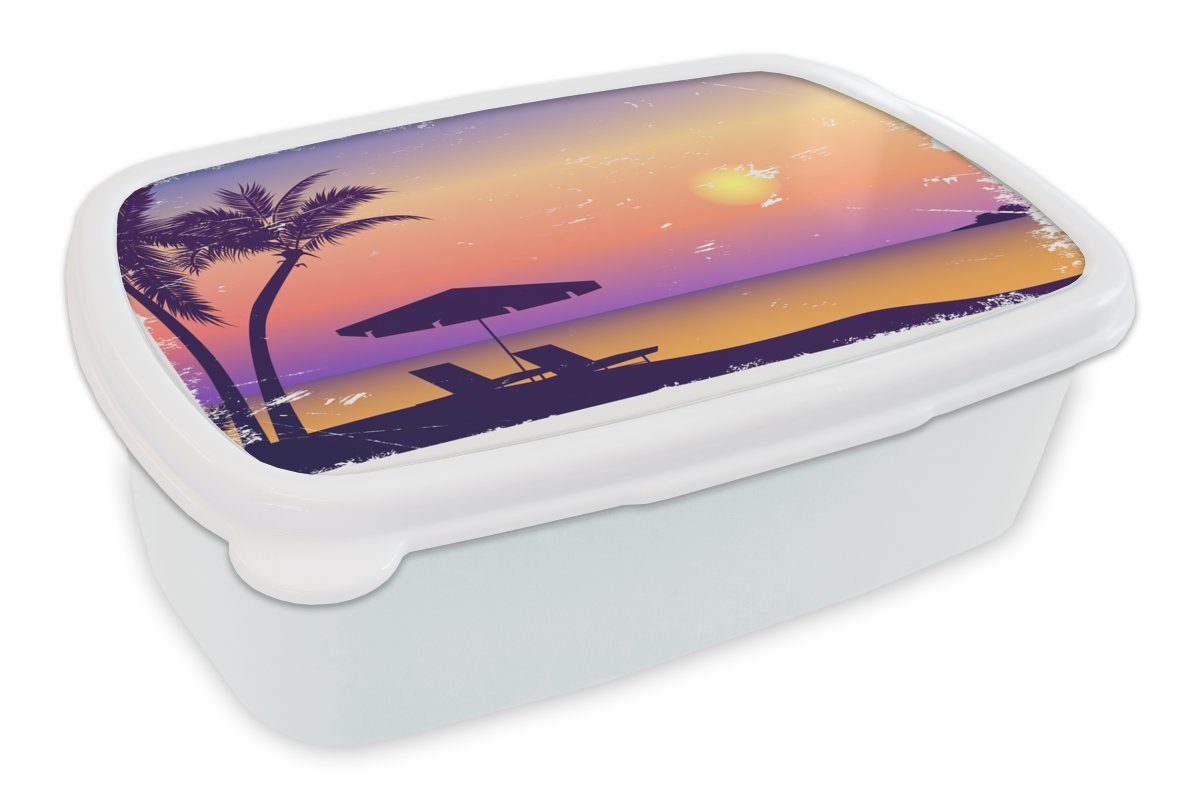 MuchoWow Lunchbox Strand - Stuhl - Sonnenschirm - Nacht, Kunststoff, (2-tlg), Brotbox für Kinder und Erwachsene, Brotdose, für Jungs und Mädchen weiß