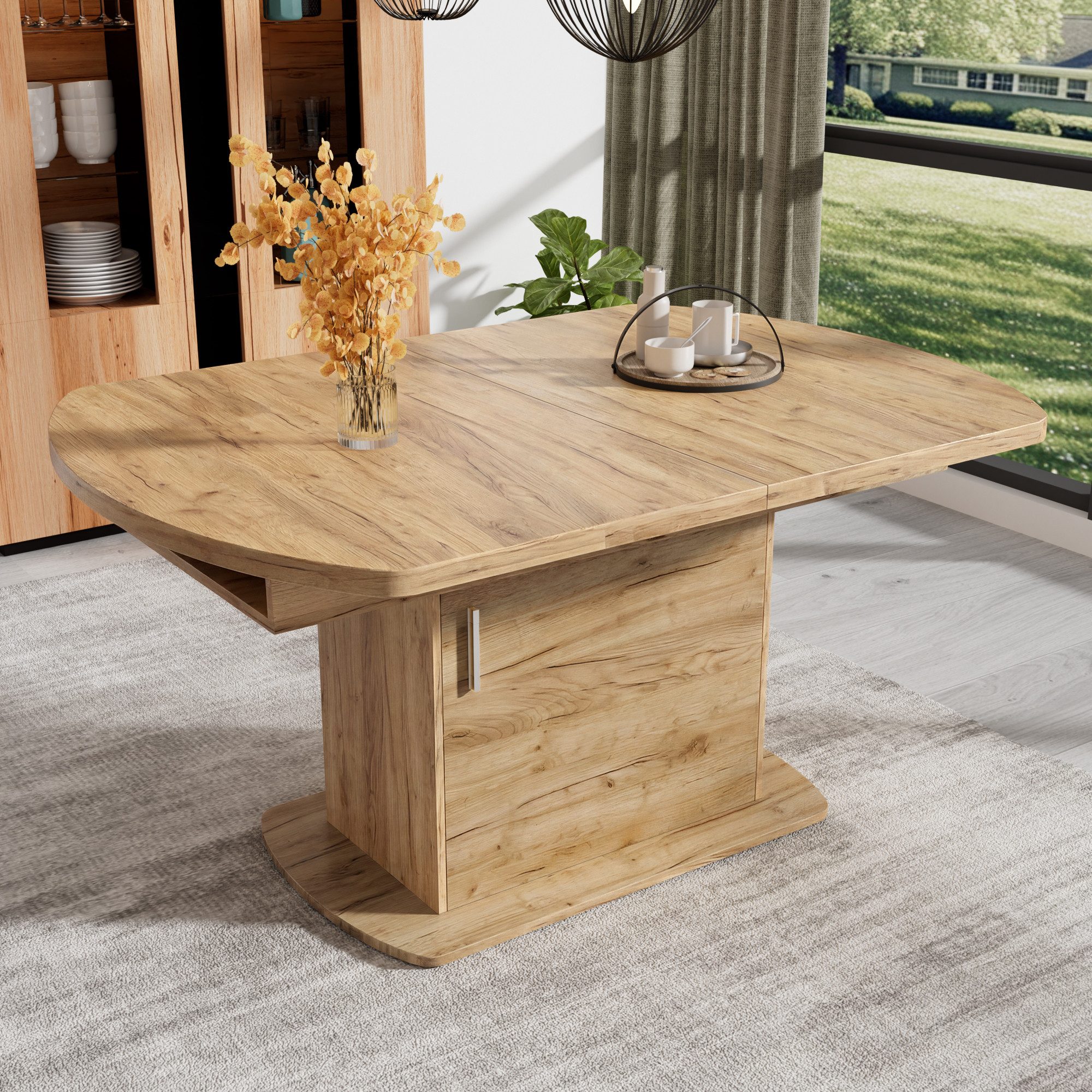 Flieks Esstisch ausziehbarer Küchentisch ovaler Tisch mit Stauraum (verstellbare Länge 140-200/T80/H75 cm, 1-St., 1 Tisch), erweiterbarer Esszimmertisch mit Fächern Schreibtisch Holzoptik Natur
