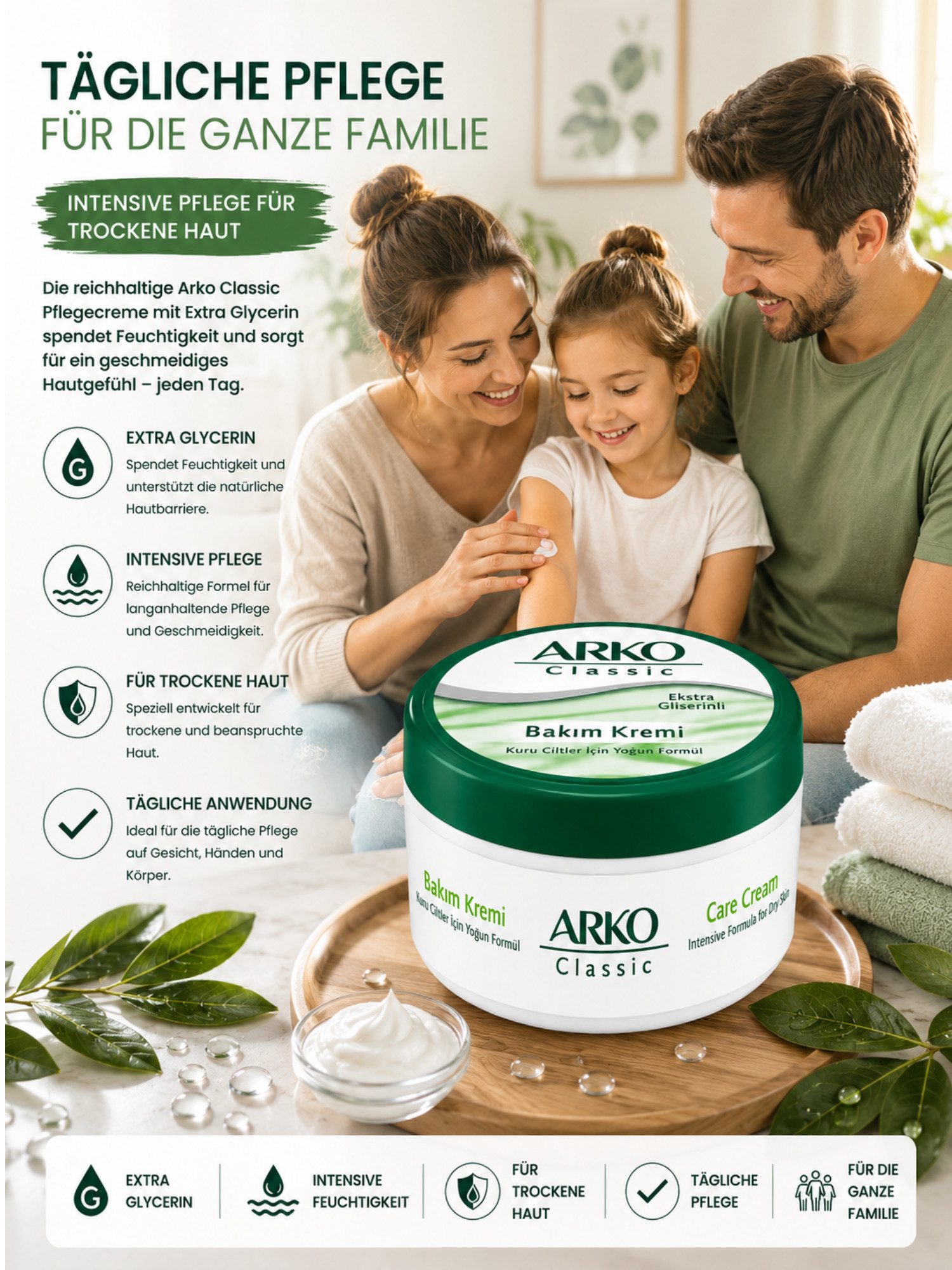 ARKO Körpercreme Arko Nem Avocado Pflegecreme mit Avocadoöl 250 ml Einzelpackung, Extra Glycerin Intensive Pflege Für trockene Haut Tägliche Anwendung