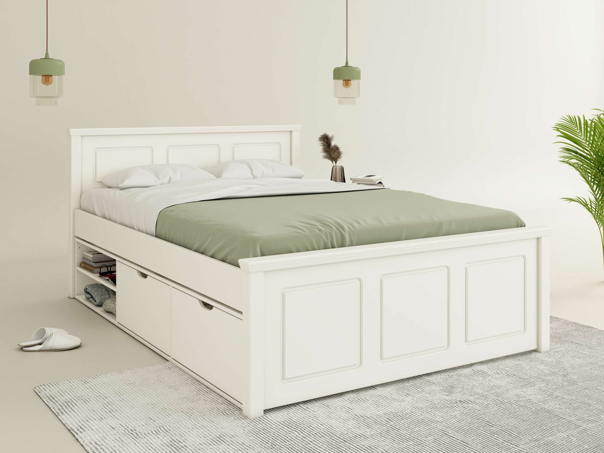 OTTO home Stauraumbett SVEA – Landhausstil, Massivholz-Kiefer & Lattenrost inklusive (Liegefläche 140x200cm), 2 Schubladen + offene Fächer, FSC® zertifiziert, Made in Europe
