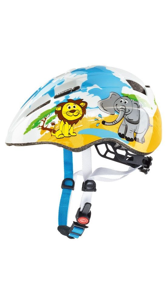 Uvex Fahrradhelm Kid 2 (1 bis 3 Jahre) - Safari/Wüste+Löwe+Elefant weiss/gelb