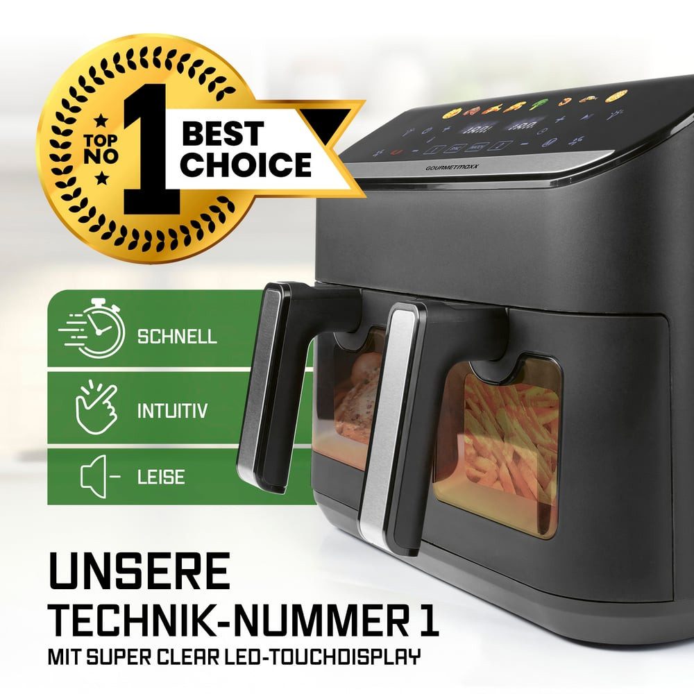 GOURMETmaxx Heißluftfritteuse Airfryer mit Doppelkorb 2x 4,5l 2400W, 2400 W, 8 Programme Touchscreen Pommes Steak wenig Fett 2 Speisen gleichzeitig