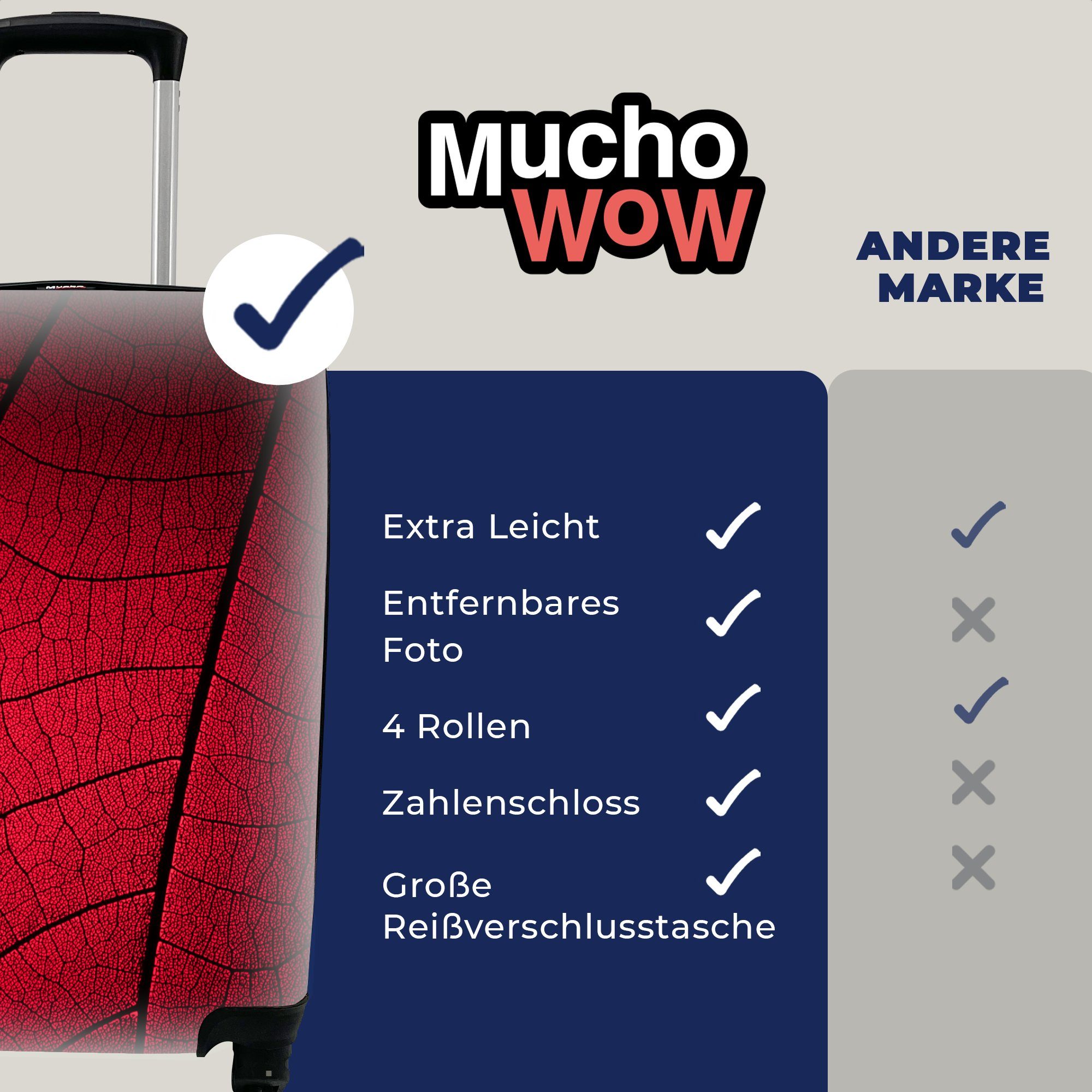 MuchoWow Handgepäckkoffer Rote Blätter mit Rollen, Ferien, Handgepäck Reisetasche für rollen, Reisekoffer mit 4 Trolley, Adern, vielen