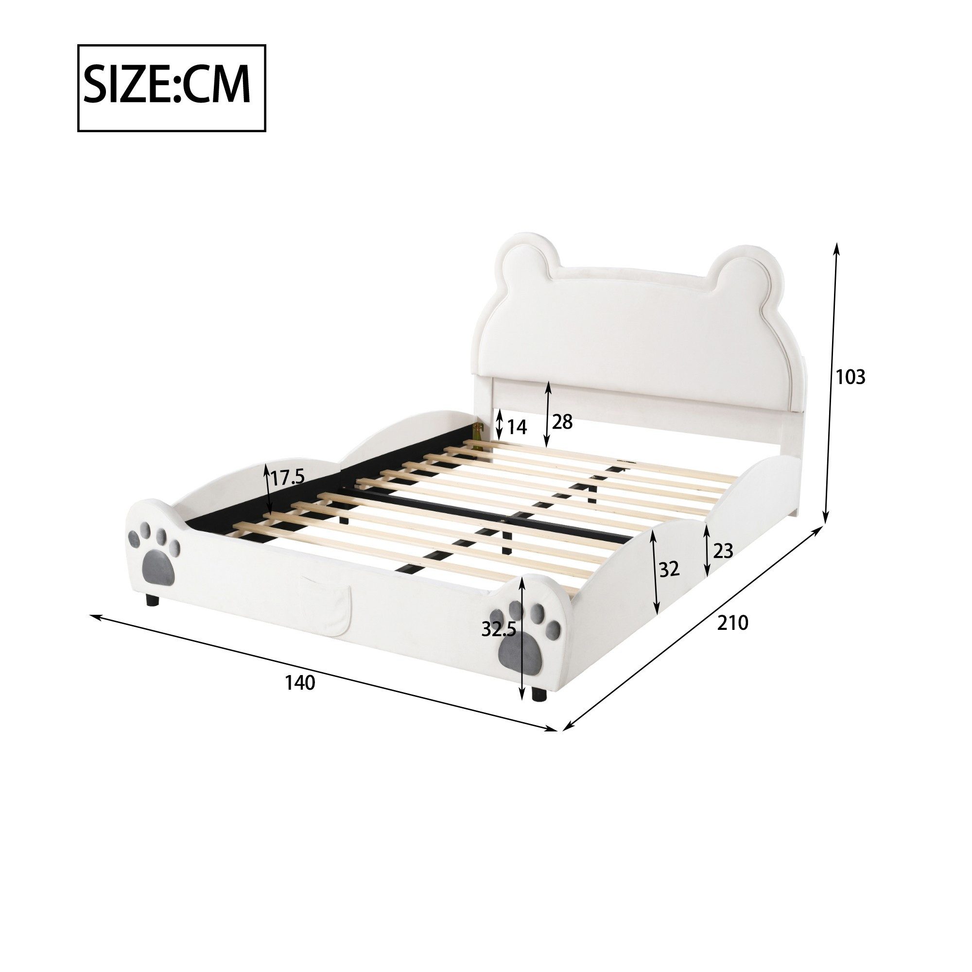 IDEASY Polsterbett Polsterbett, 90 x 200 cm/140 x 200 cm, Kopf- und Fußteil Bär, Samtpolsterung, geeignet für Kinderzimmer, Schlafzimmer, Jugendzimmer