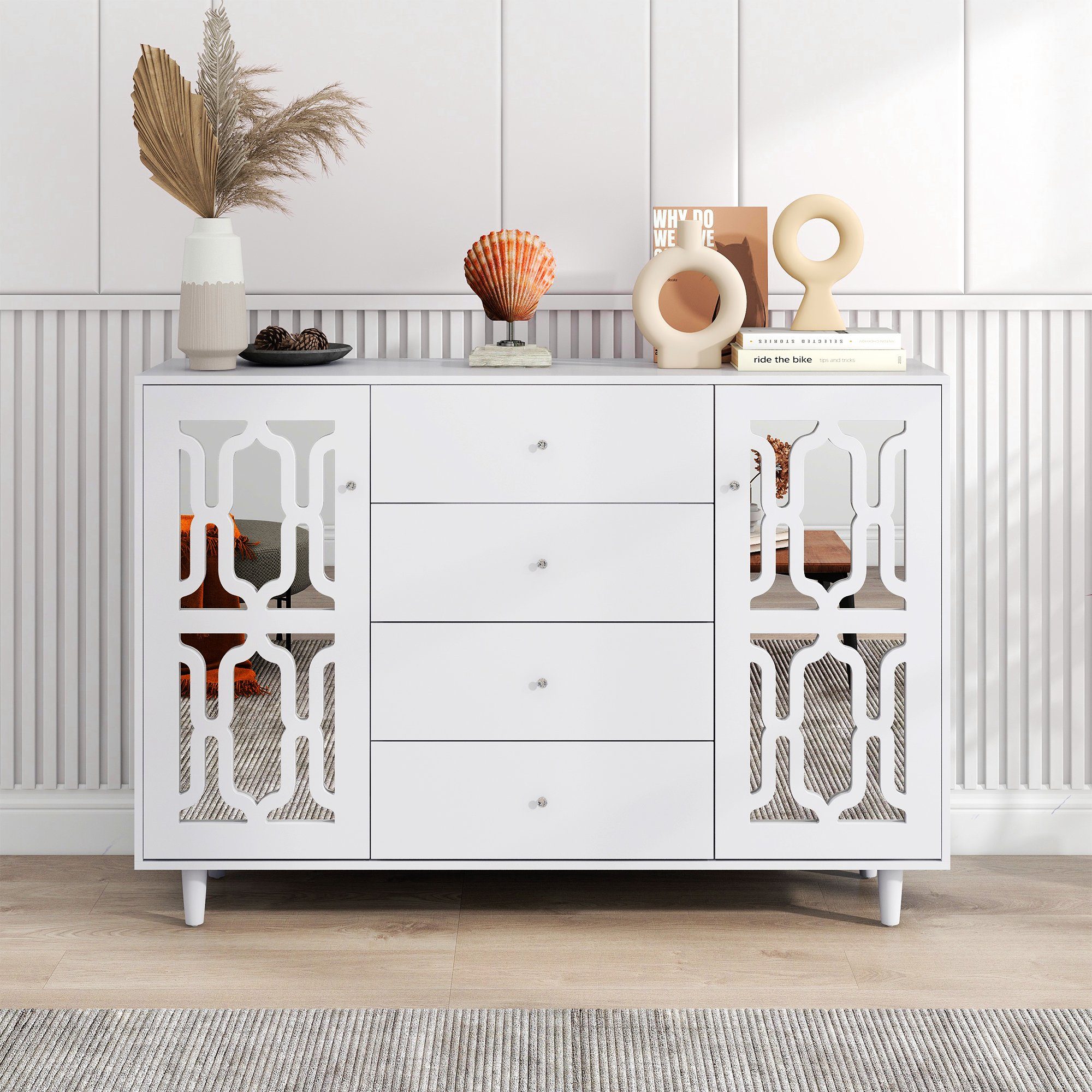 BlingBin Kommode verspiegelte Anrichte Sideboard Kommode (mit kühlen Kristallgriffen Zwei Türen, vier Schubladen), 147 L x 40 B x 102 H(cm)