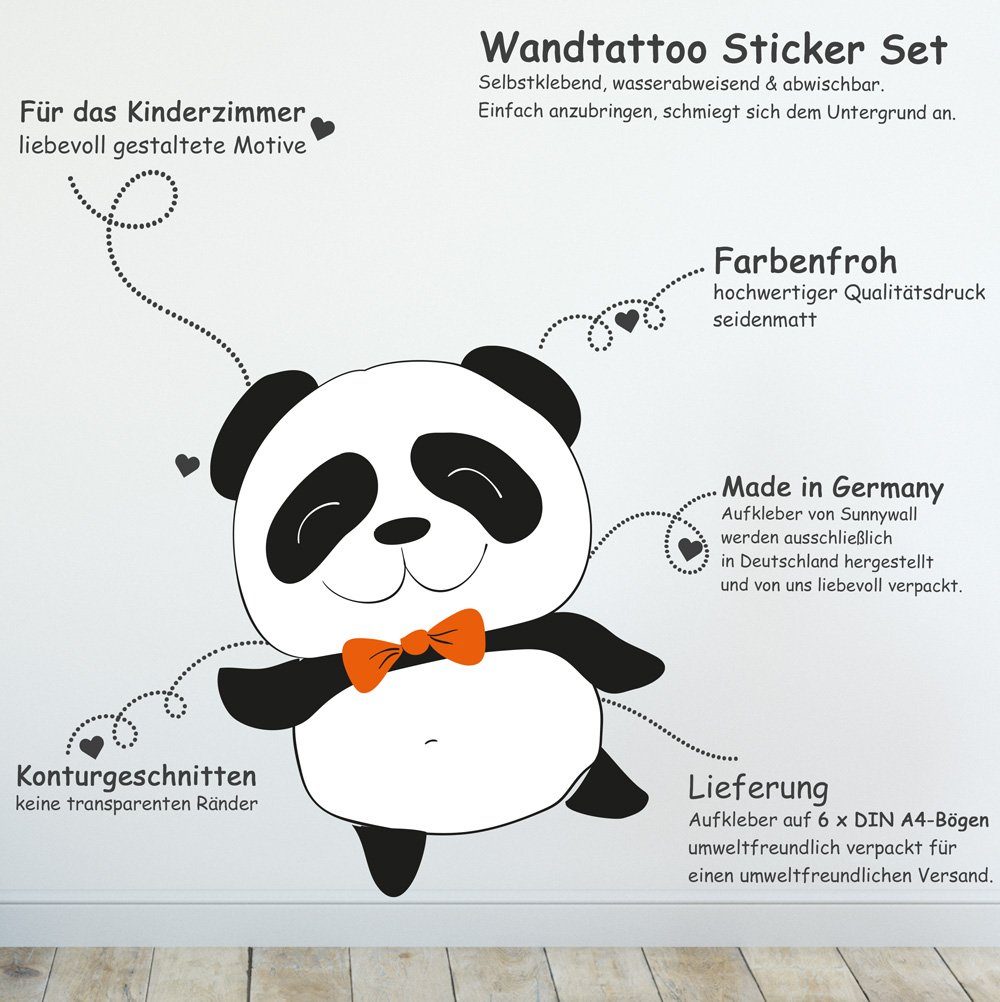 Sunnywall Wandtattoo Panda - Wandtattoo Kinderzimmer Baby Wandaufkleber (6 St), konturgeschnitten