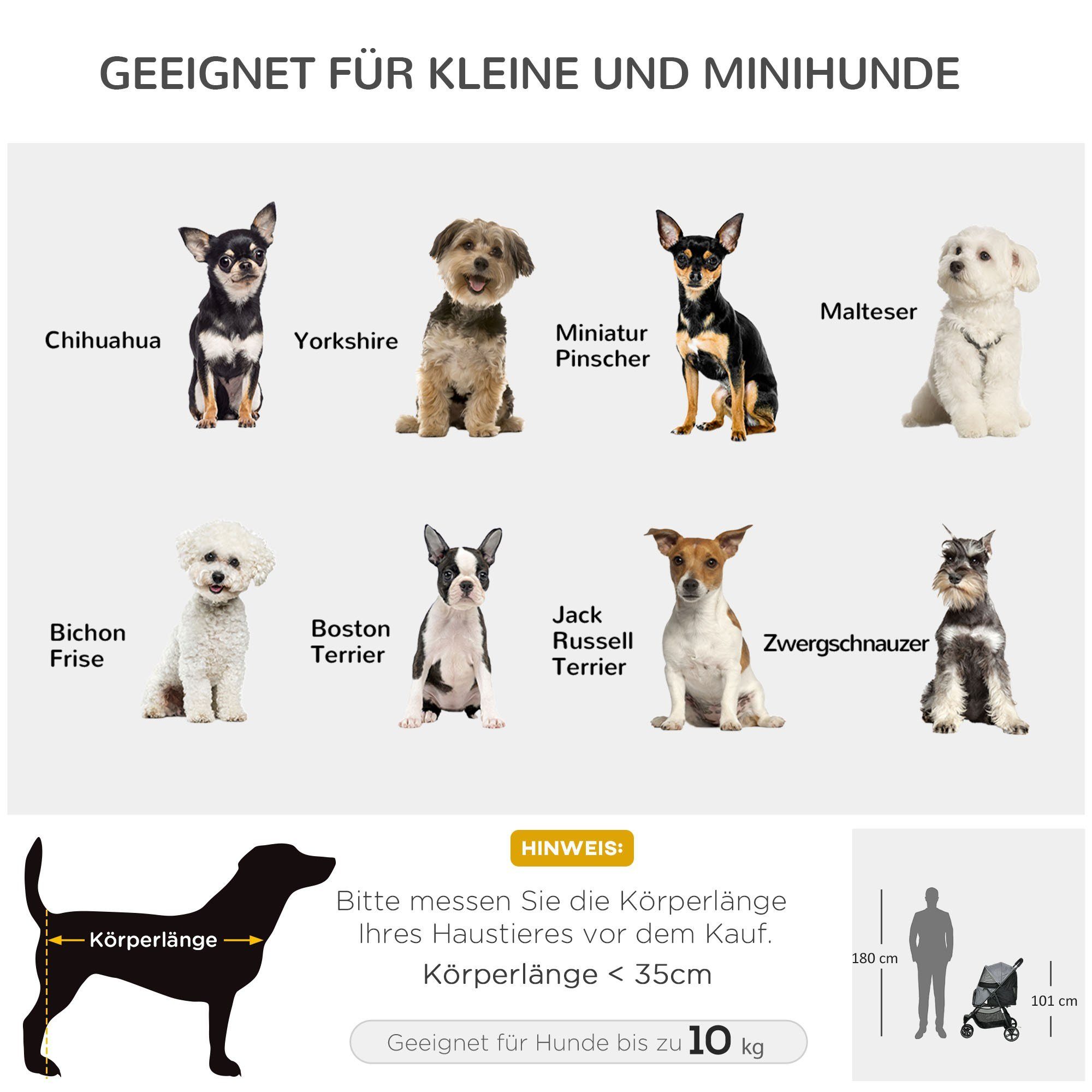 PawHut Hundebuggy Haustierwagen mit Regenschutz 2 Sicherheitsleinen, (Hundewagen, 1-tlg), für kleine und Miniaturhunde, Oxford, Grau – Bild 4 von 5
