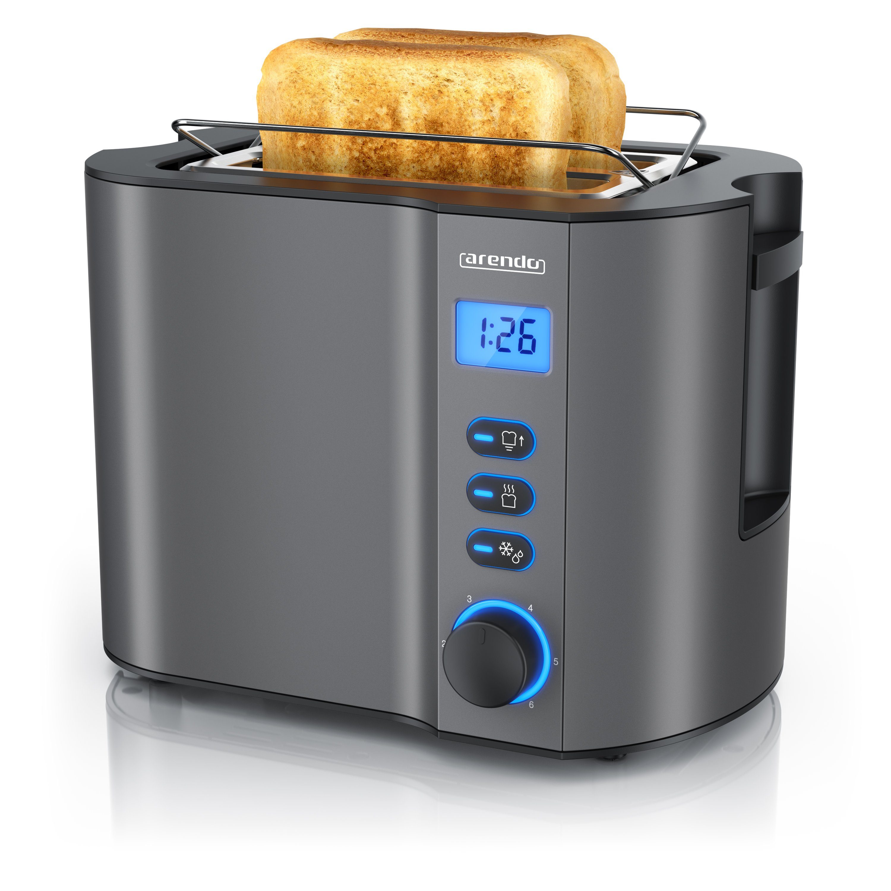 Arendo Toaster Edelstahl, 2 Scheiben Kurz, Kurzschlitz, Display, Restzeitanzeige, 2 kurze Schlitze, für 2 Scheiben, 800 W, Integrierter Brötchenaufsatz, Doppelwandgehäuse Wärmeisoliert