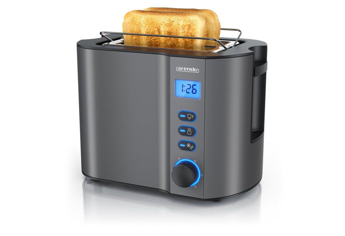 Arendo Toaster 2 Scheiben Kurz, Edelstahl, Kurzschlitz, Display, Restzeitanzeige, 2 kurze Schlitze, für 2 Scheiben, 800 W, Integrierter Brötchenaufsatz, Doppelwandgehäuse Wärmeisoliert
