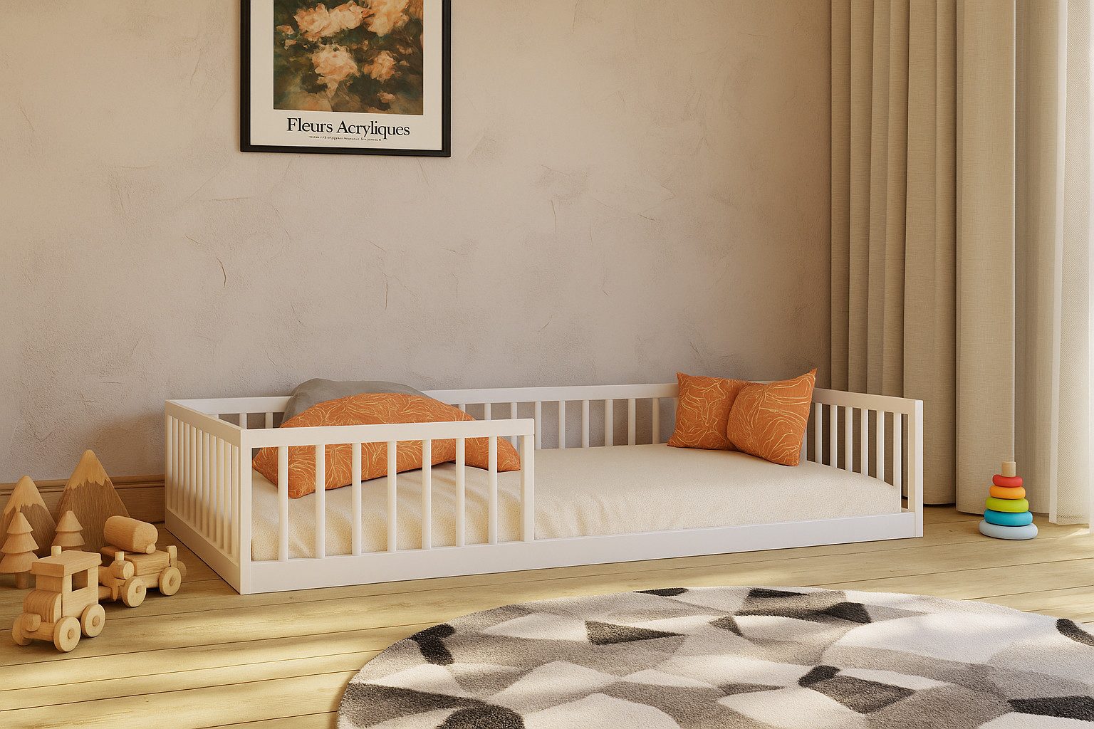Kinderbett BODENBETT mit Rausfallschutz und Lattenrost für Kinder - Montessori -